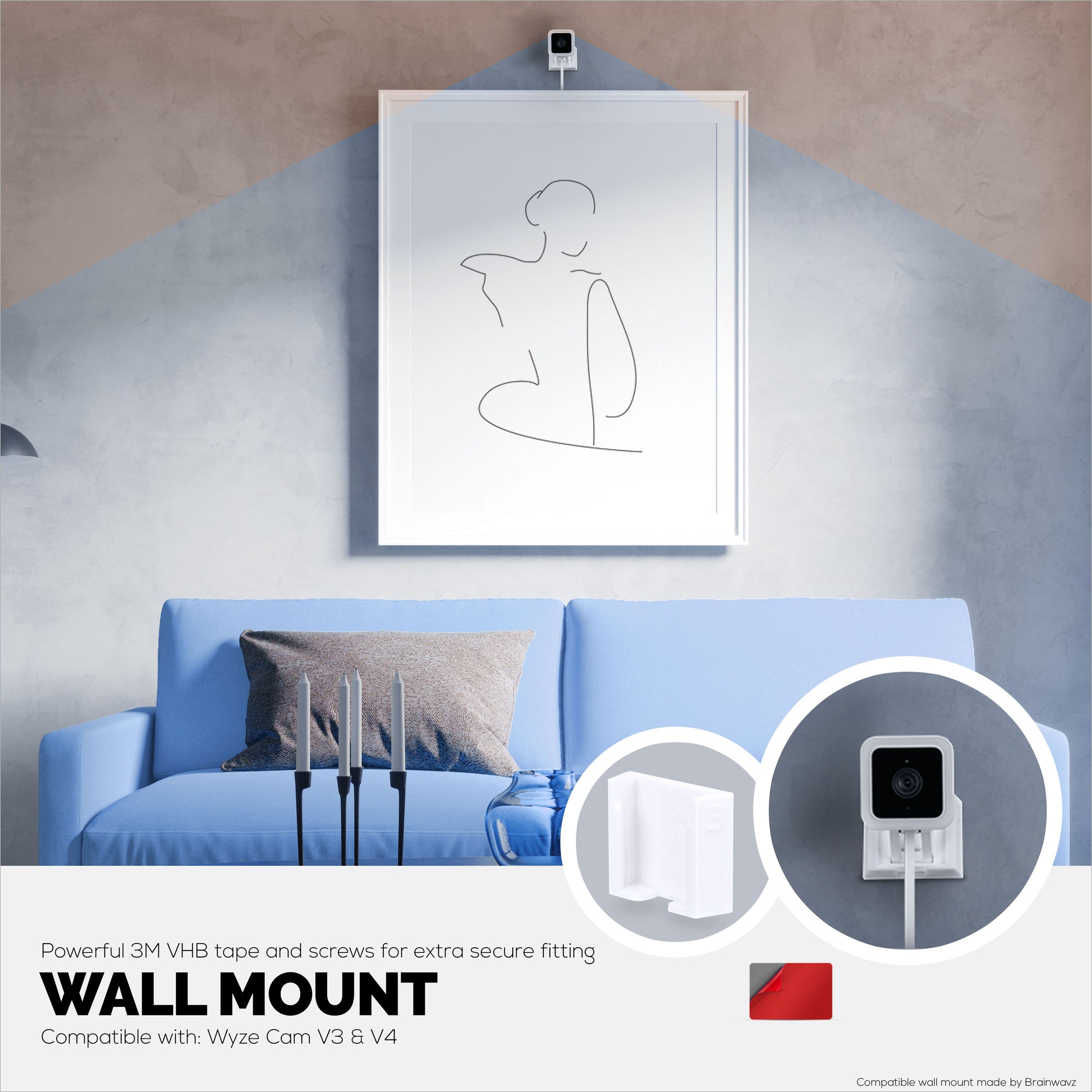 Wyze Cam V3 &amp; V4 (3 Pack) Adhesive Wall Mount - Easy To Install, No Screws &amp; Mess