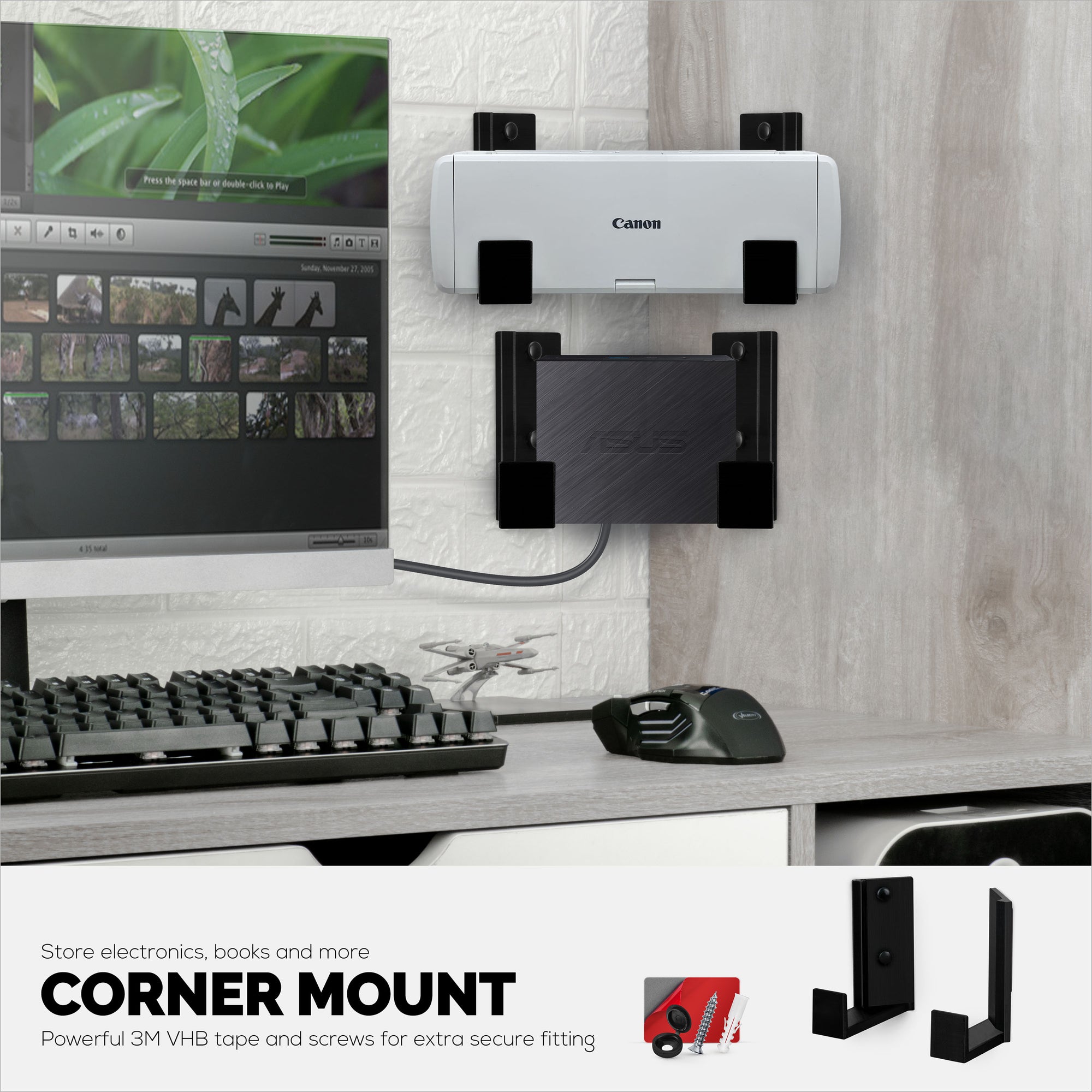 2.5&quot; Corner Cable Box &amp; Router Wall Mount Holder, Adhesive &amp; Screw-In, for Network Switch, Modem, Mesh Wifi, Apple TV, Cameras, Speakers &amp; More, Devices Up to 2.5&quot; / 63mm Thick