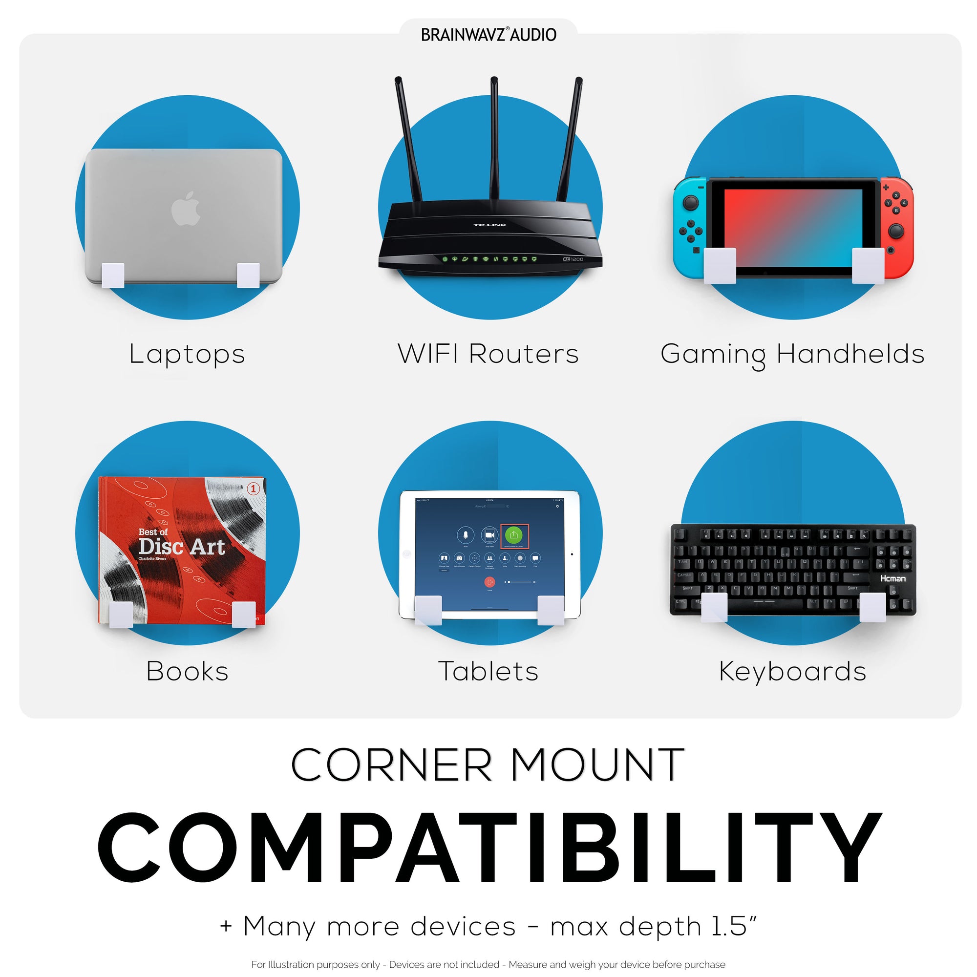 1.5&quot; Corner Cable &amp; Router Wall Mount Holder, Adhesive &amp; Screw-In, for Routers, Network Switch, Modem, Mesh Wifi, Apple TV, Cameras, Speakers &amp; More