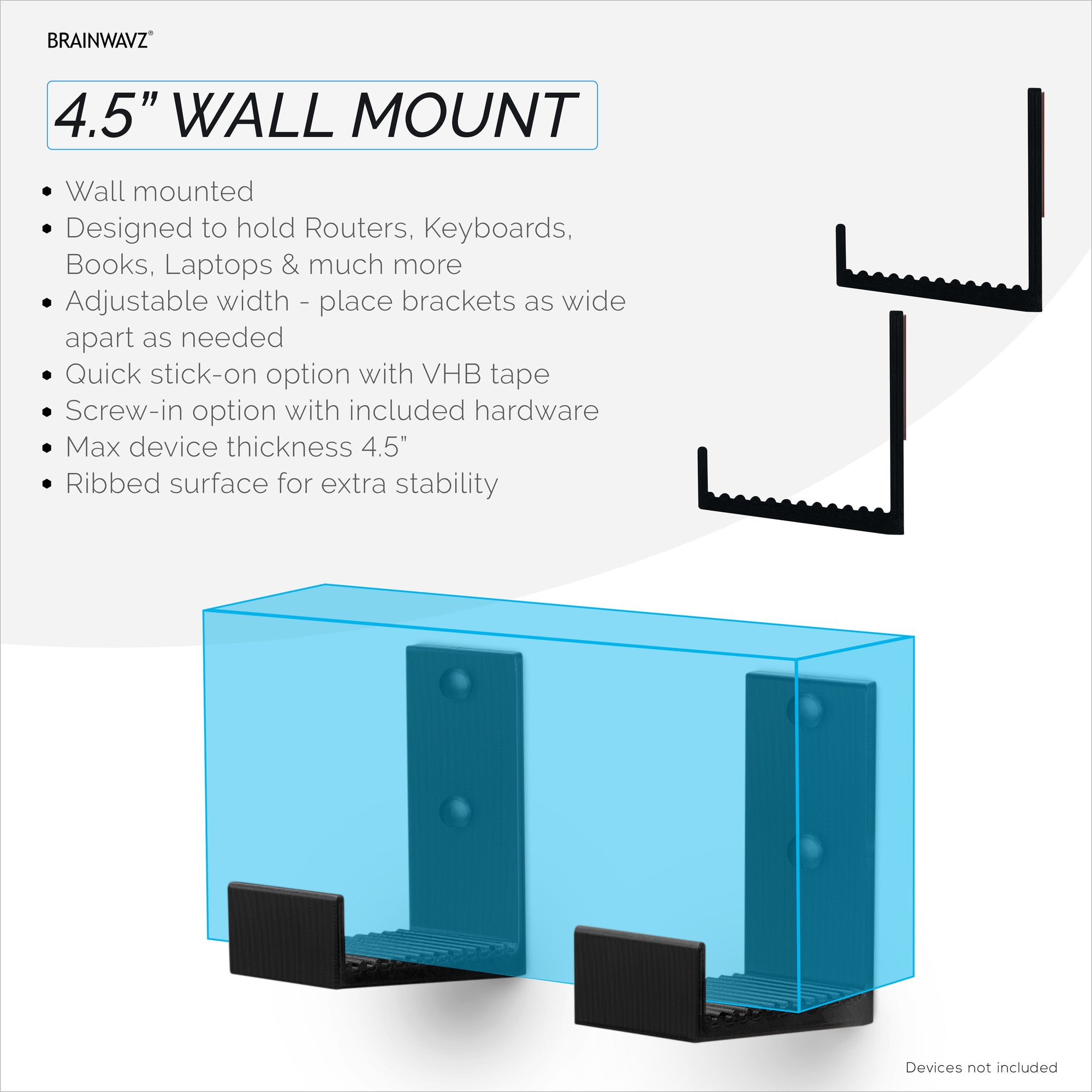 4.5&quot; Cable Box Wall Mount Hanger Holder, Adhesive &amp; Screw-In, for Routers, Laptops, Modem, Mesh Wifi, Apple TV, Network Switch &amp; More