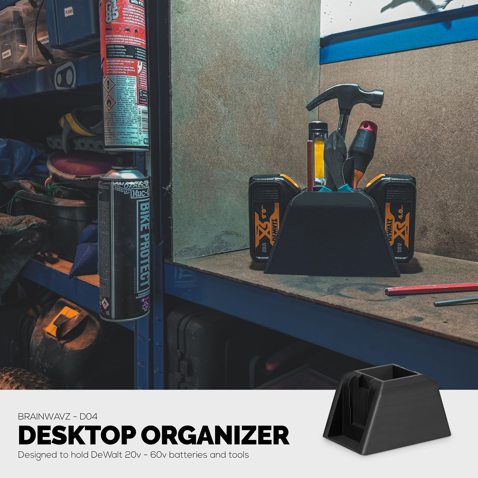 Desktop Battery Holder for Dewalt 20V / 60V Cordless Batteries With Tool &amp; Pen Storage Organizer Compartment, Fits DCB200 DCB203 DCB205 DCB206 DCB606 DCB 609 Batteries