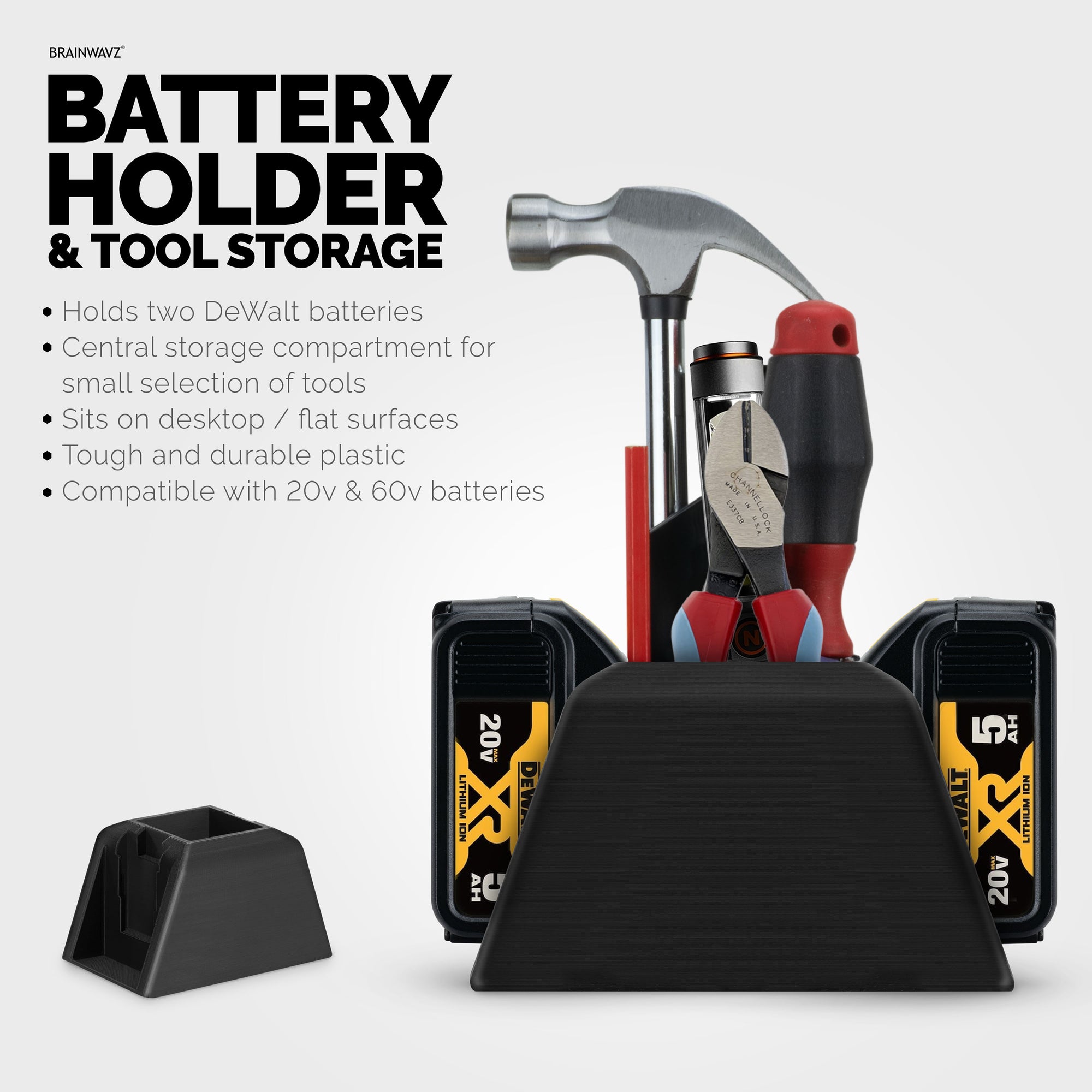 Desktop Battery Holder for Dewalt 20V / 60V Cordless Batteries With Tool &amp; Pen Storage Organizer Compartment, Fits DCB200 DCB203 DCB205 DCB206 DCB606 DCB 609 Batteries