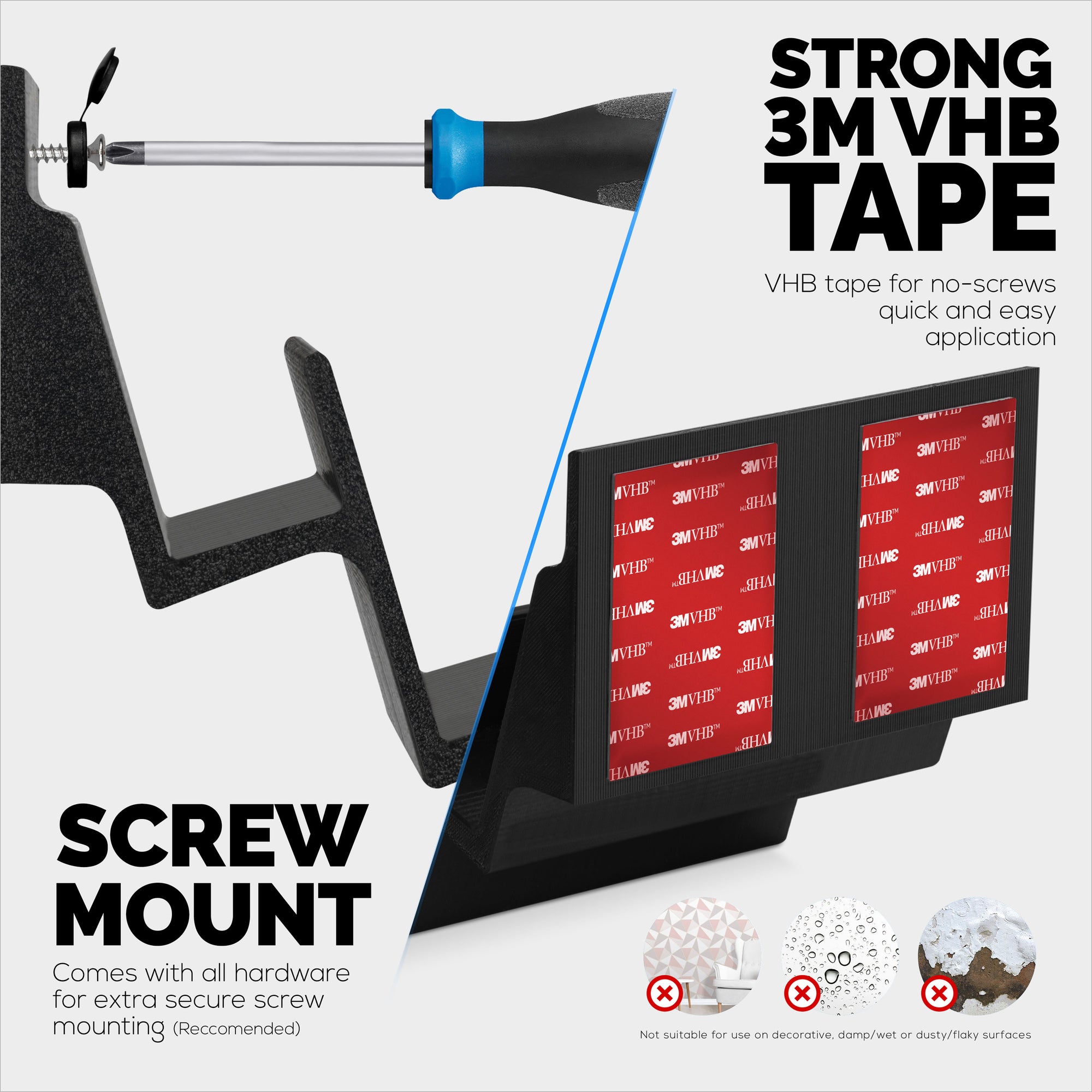 Dual Gaming Keyboard Stand for Wall Mounting - Adhesive or Screw Mount Installation - Stylish and Space Saving Solution for Gamers, Home &amp; Office (KBW03)