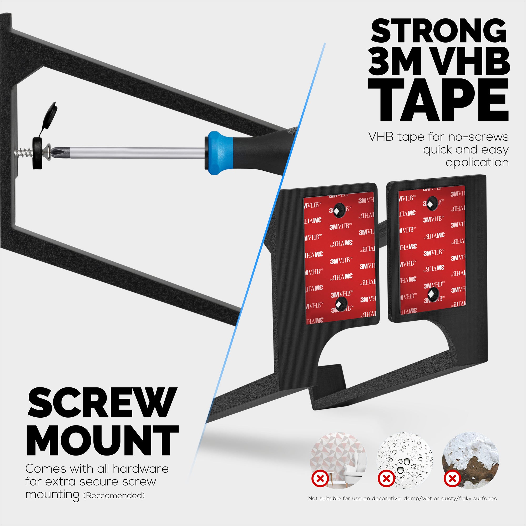 Dual Gaming Keyboard Stand for Wall Mounting - Adhesive or Screw Mount Installation - Stylish and Space Saving Solution for Gamers, Home &amp; Office (KBW04)