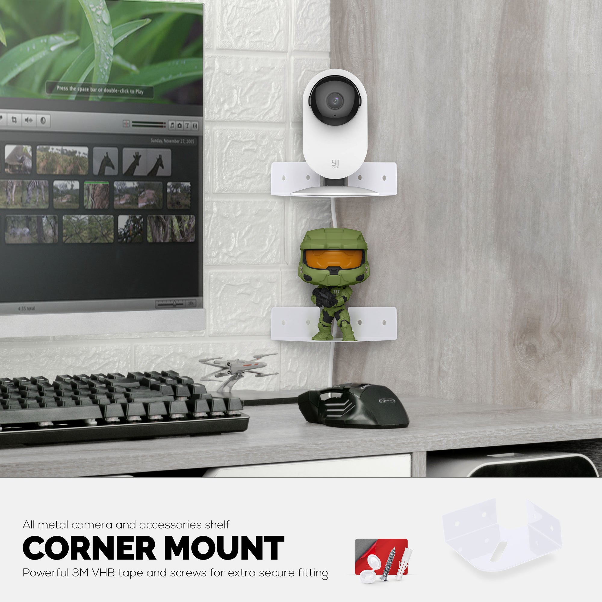 Small Metal Corner Shelf for Security Cameras, Baby Monitors, Speakers, Home Decor &amp; More Universal Shelf Adhesive &amp; Screw-in Wall Mount