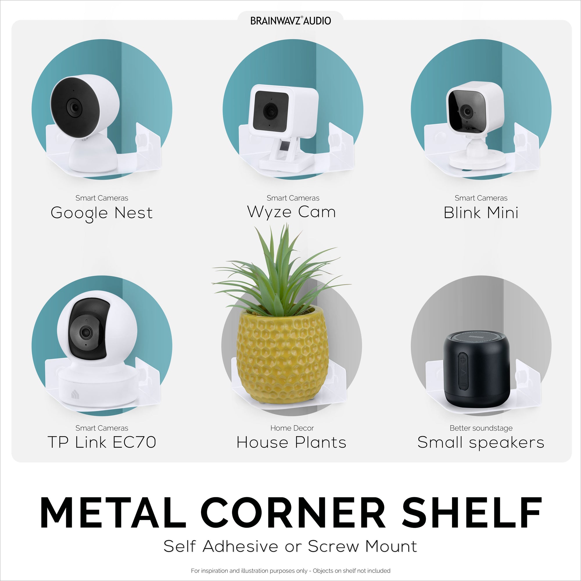 Small Metal Corner Shelf for Security Cameras, Baby Monitors, Speakers, Home Decor &amp; More Universal Shelf Adhesive &amp; Screw-in Wall Mount