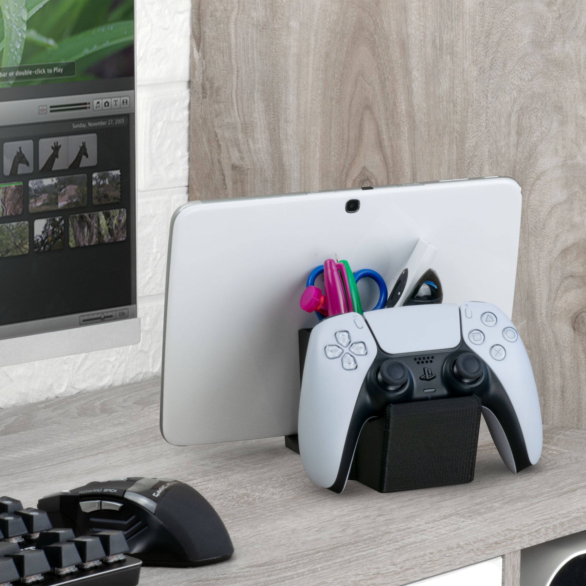 Desk Organizer with Game Controller Holder, Tablet Stand for iPads/iPhones, TV Remote &amp; Pen Storage, Reduce Desktop Clutter, Have All Your Side Table Items in One Space