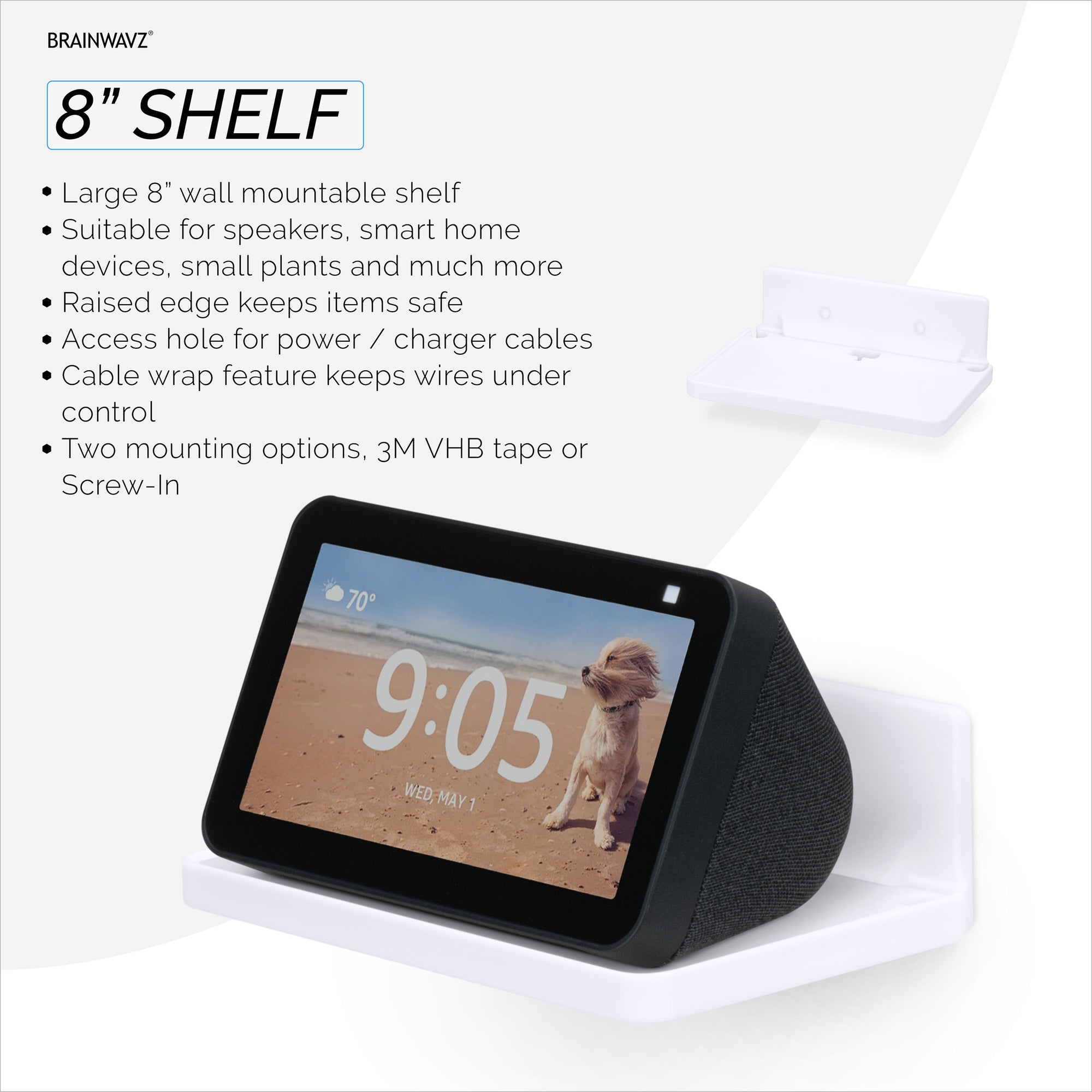8” Shelf Wall Mount for Speakers, Security Cameras, Baby Monitors, Plants Toys &amp; More, Floating Shelves, Adhesive &amp; Screw-In