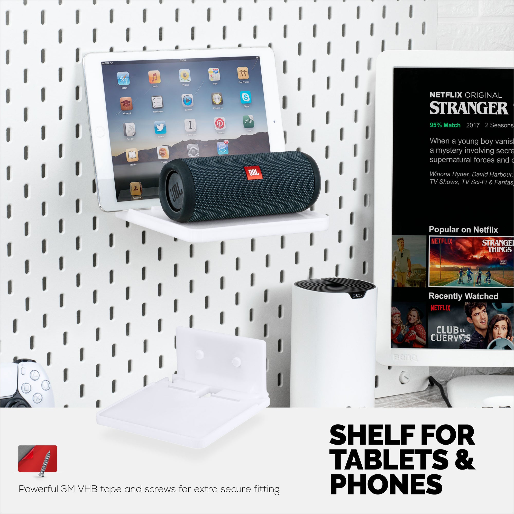 6.5&quot; Floating Shelf with Tablet &amp; Phone Wall Mount Holder ideal for Bedside, Kitchens, Bathrooms, Can also Hold Books, Plants, Cameras &amp; Speakers