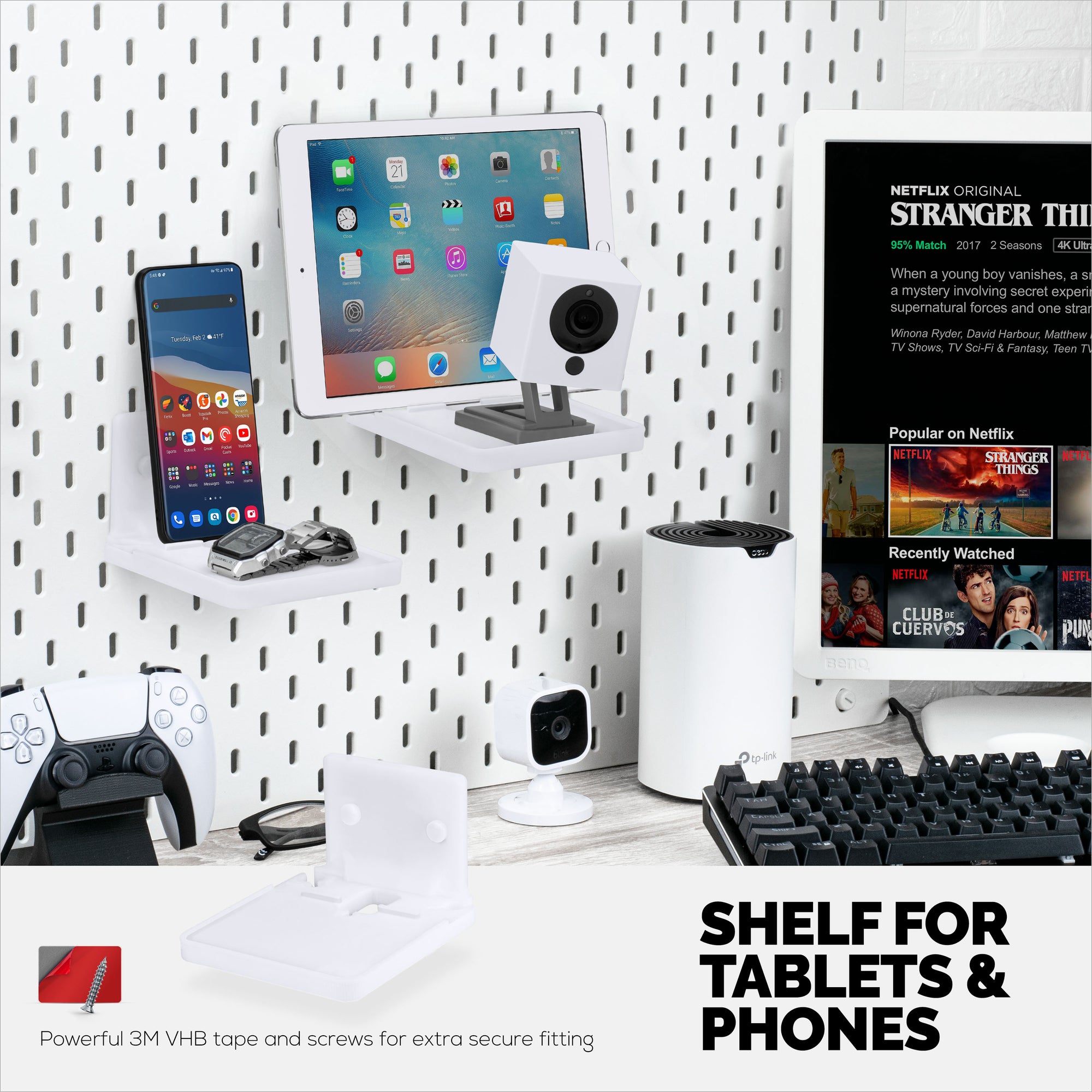 4&quot; Small Wall Mount Shelf with Tablet &amp; Phone Holder, Use for Baby Monitors, Bedside, Decor, Cameras, Speakers &amp; More, Adhesive &amp; Screw-in