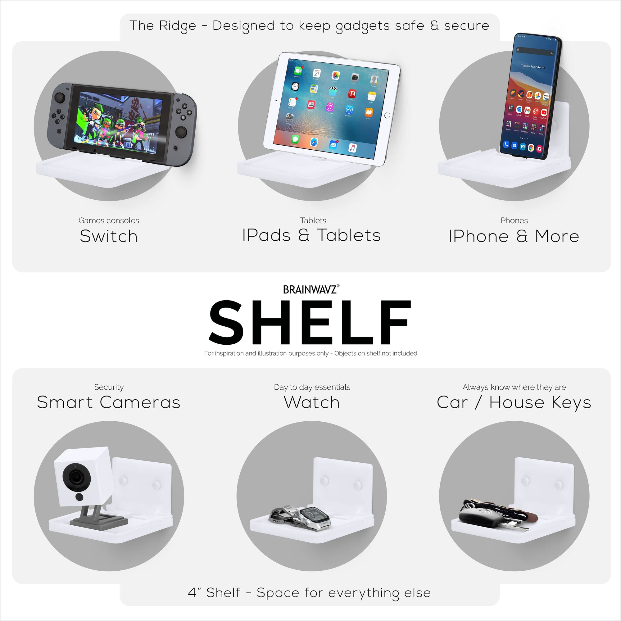 4&quot; Small Wall Mount Shelf with Tablet &amp; Phone Holder, Use for Baby Monitors, Bedside, Decor, Cameras, Speakers &amp; More, Adhesive &amp; Screw-in