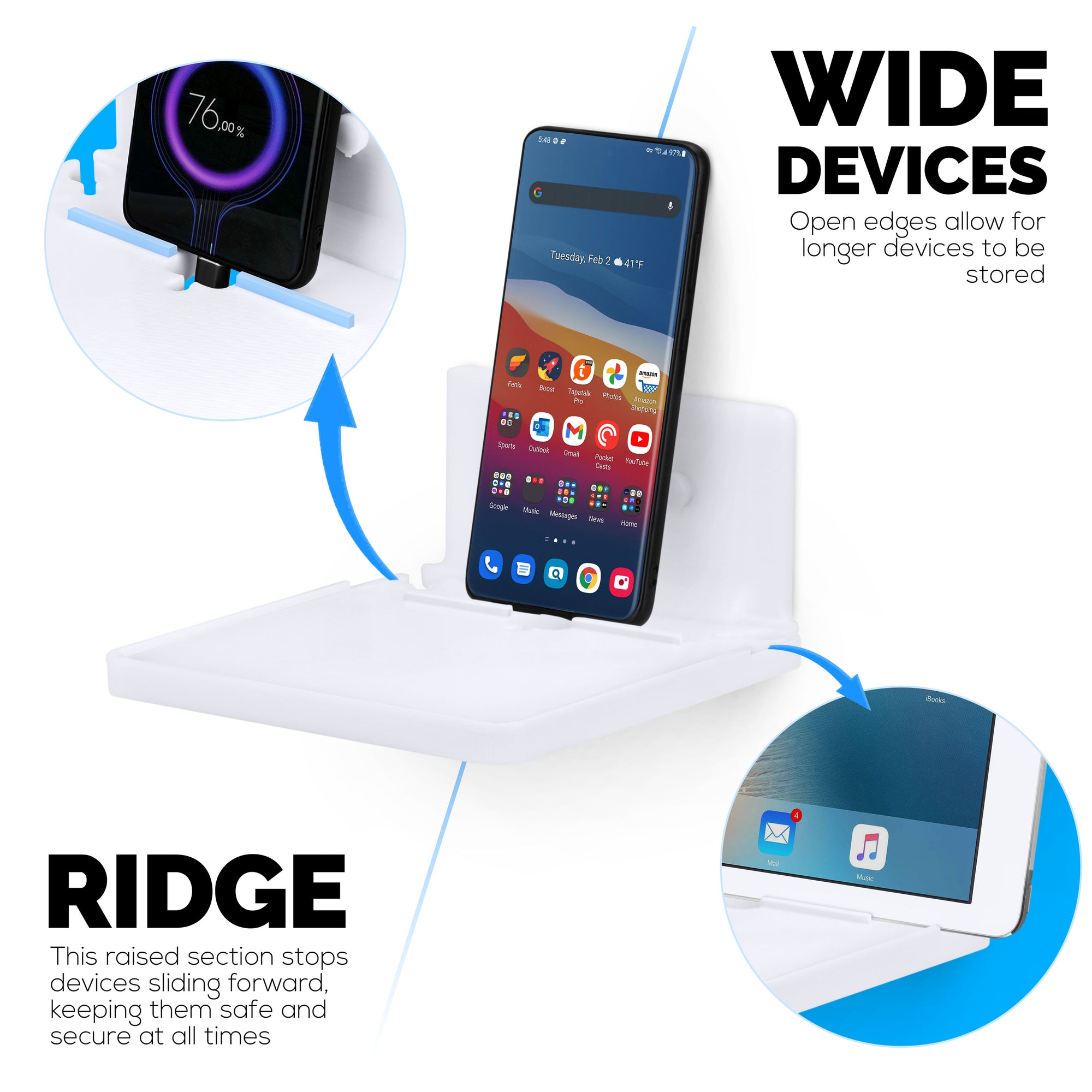 6.5&quot; Floating Shelf with Tablet &amp; Phone Wall Mount Holder ideal for Bedside, Kitchens, Bathrooms, Can also Hold Books, Plants, Cameras &amp; Speakers