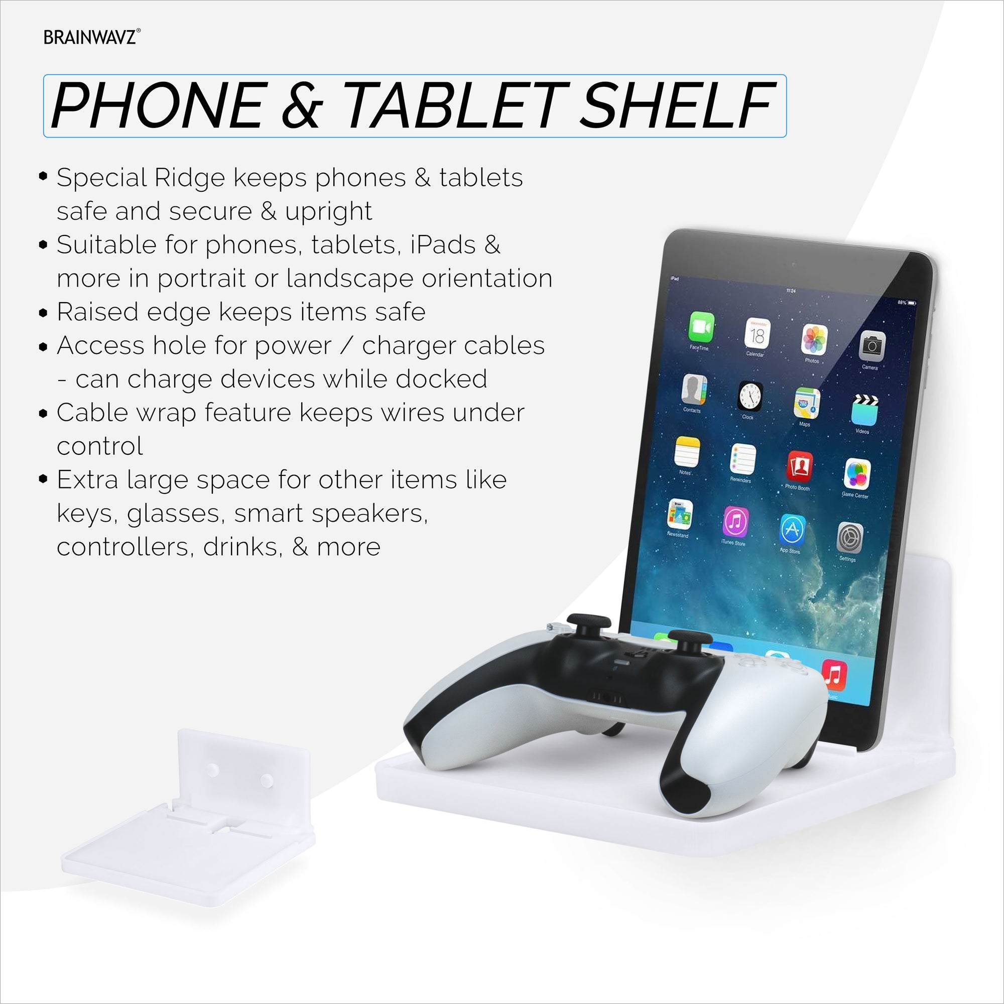 6.5&quot; Floating Shelf with Tablet &amp; Phone Wall Mount Holder ideal for Bedside, Kitchens, Bathrooms, Can also Hold Books, Plants, Cameras &amp; Speakers