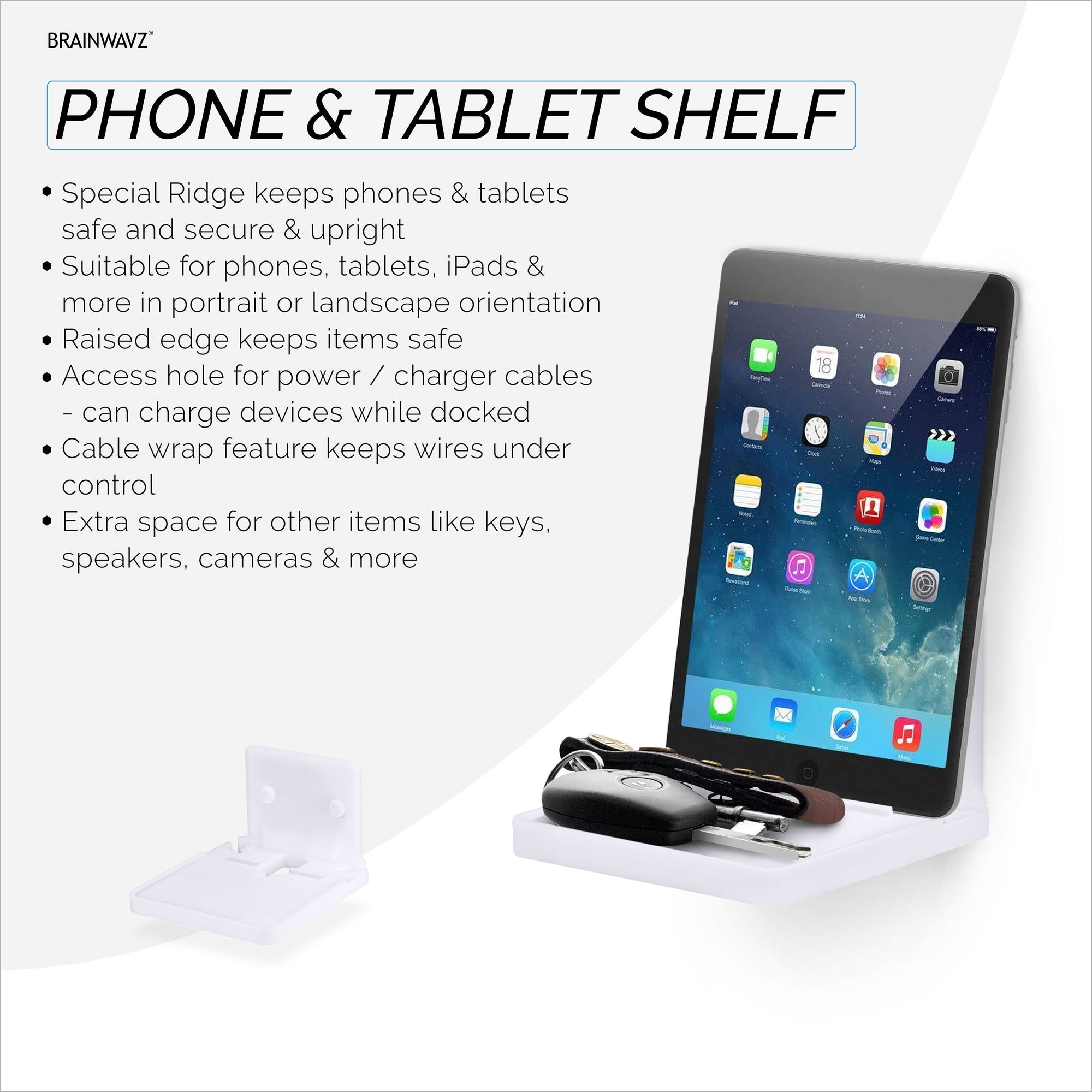 4&quot; Small Wall Mount Shelf with Tablet &amp; Phone Holder, Use for Baby Monitors, Bedside, Decor, Cameras, Speakers &amp; More, Adhesive &amp; Screw-in