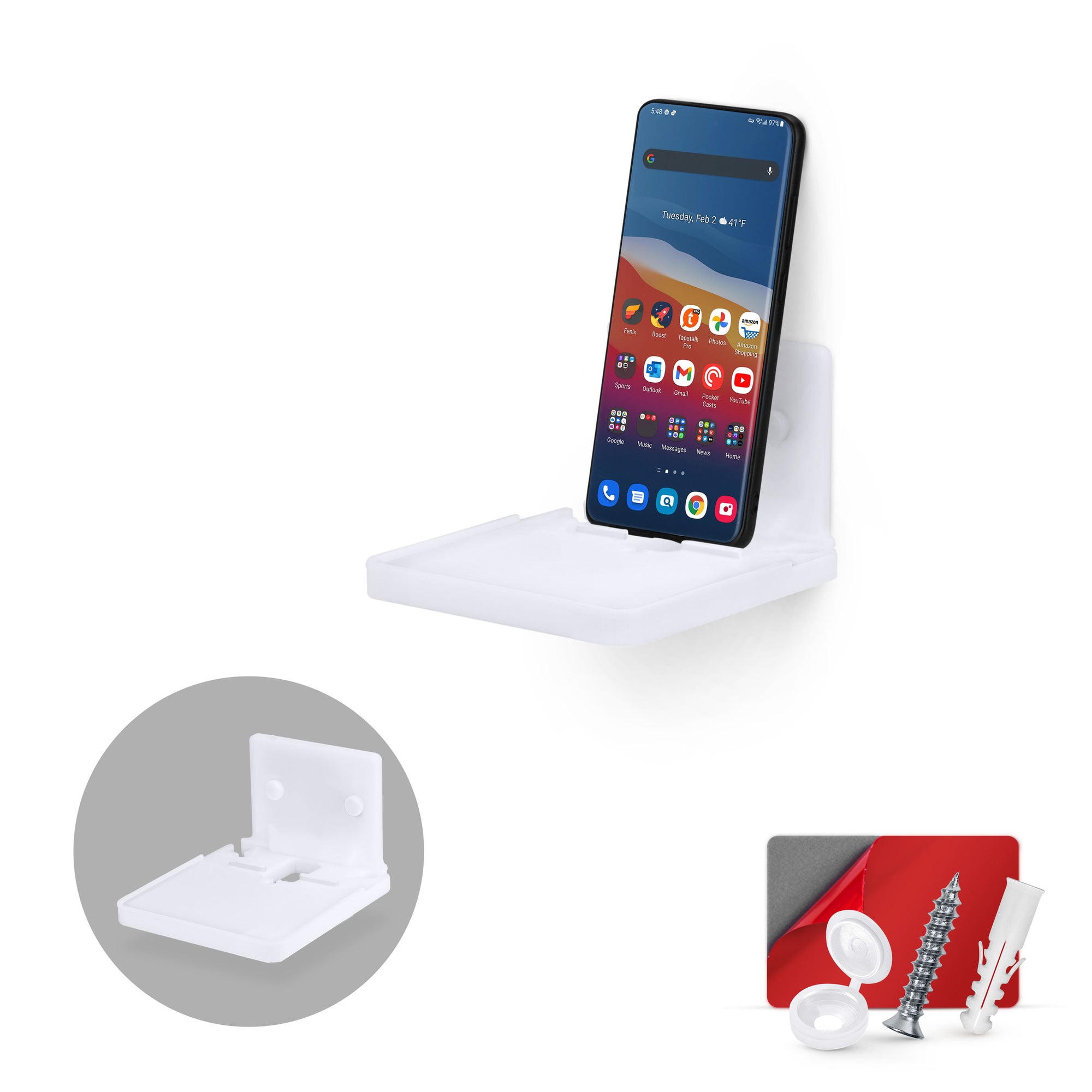 4" Small Wall Mount Shelf with Tablet & Phone Holder, Use for Baby Monitors, Bedside, Decor, Cameras, Speakers & More, Adhesive & Screw-in