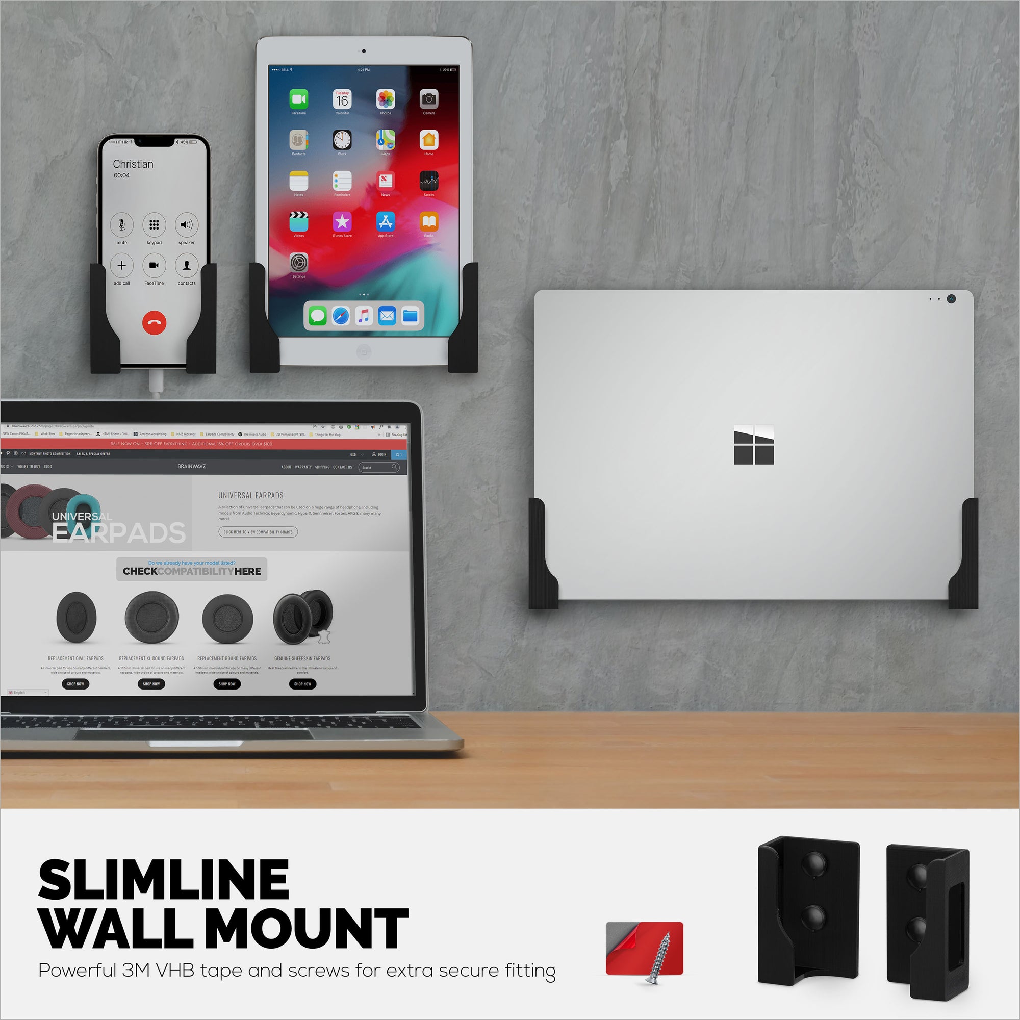 Adhesive Tablet &amp; Slim Laptop Wall Mount Holder for iPad, Android, Macbook, Surface, iPad Air, Mini &amp; Pro, Galaxy Tab Note eBooks, Kindle &amp; More