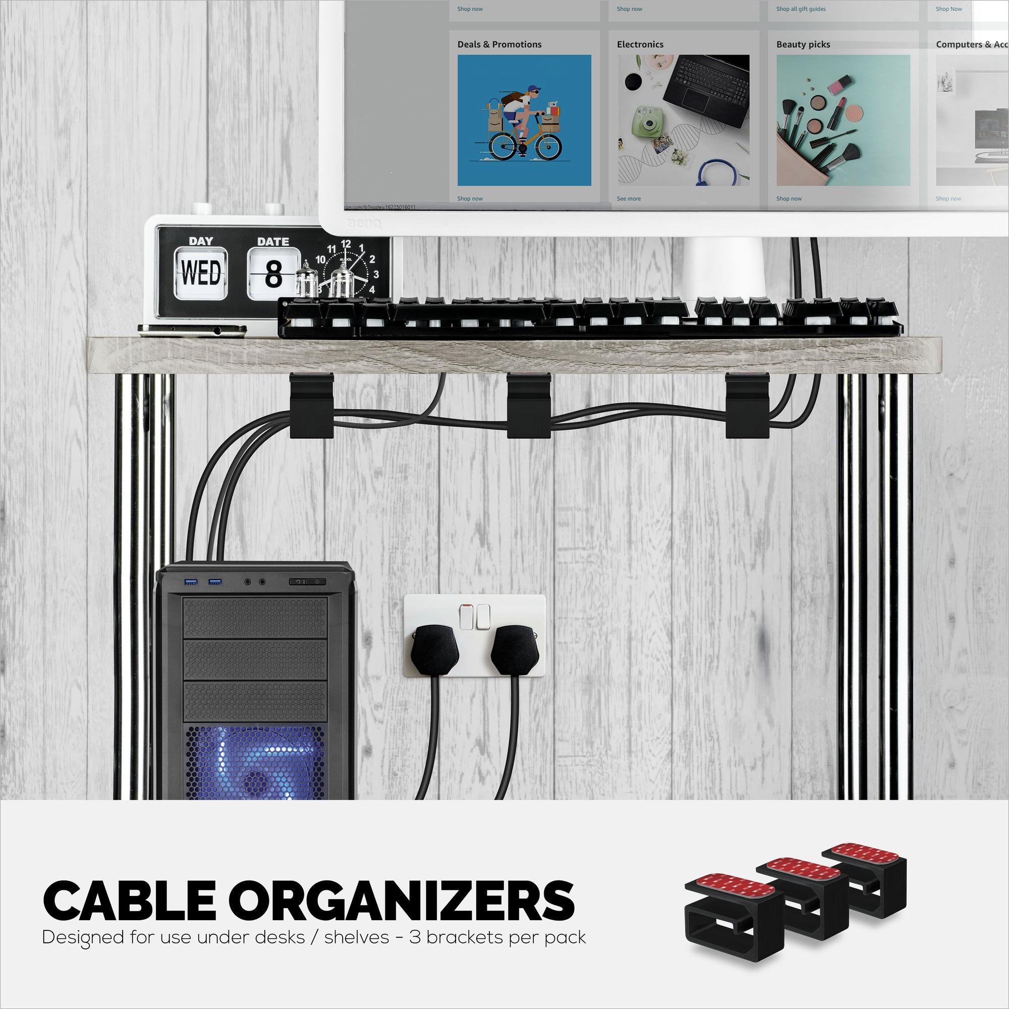3pc VHB Adhesive Cable Organizer Holder, For Heavy Cables, PC Cords &amp; Wires with Strong Adhesive, Under Desk Mount Management - Small