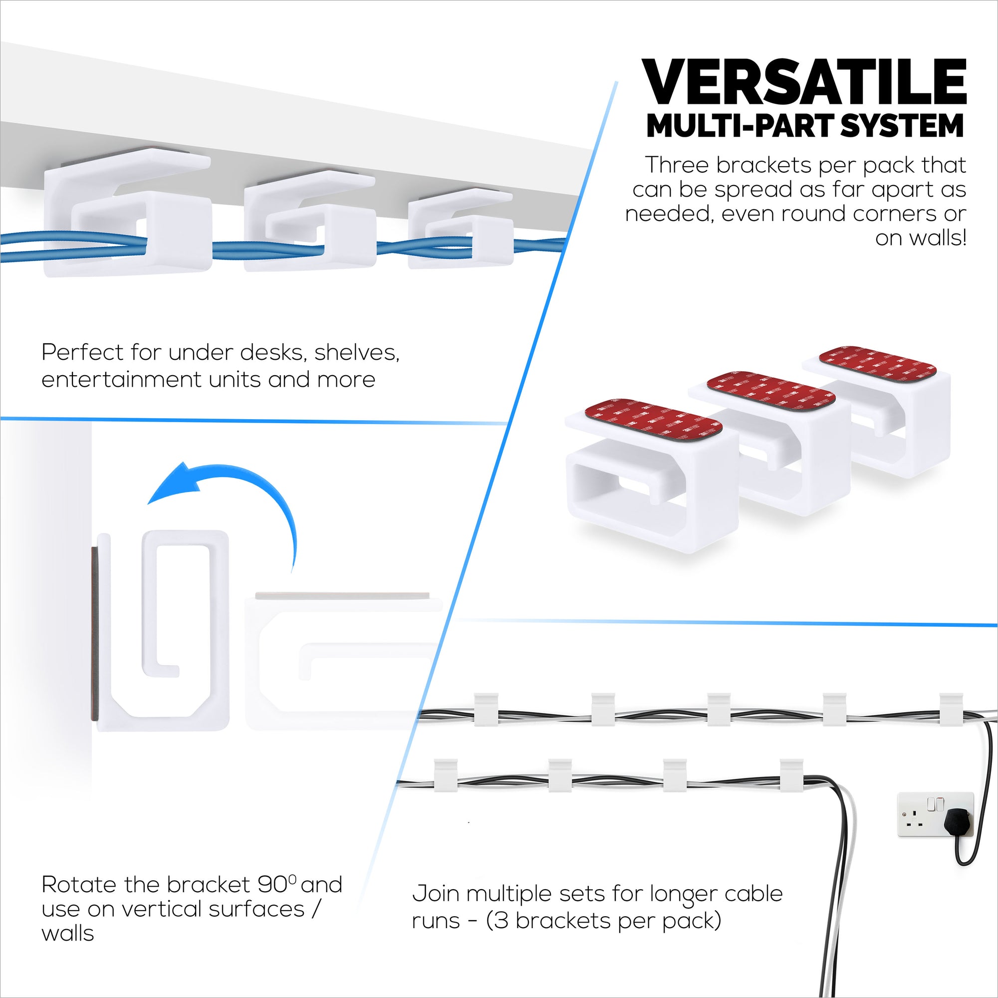 3pc VHB Adhesive Cable Organizer Holder, For Heavy Cables, PC Cords &amp; Wires with Strong Adhesive, Under Desk Mount Management - Small
