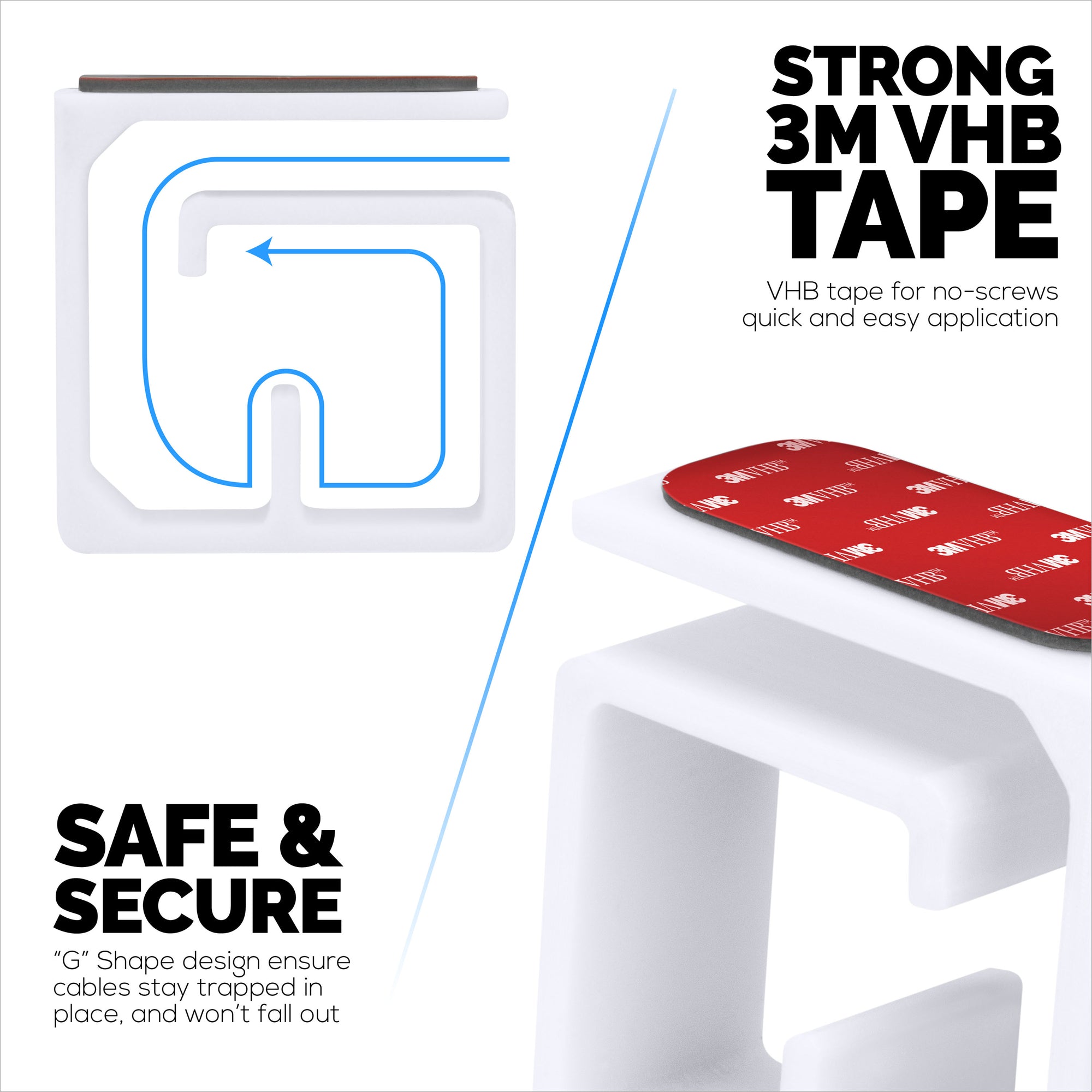 3pc VHB Cable Organizer Holder, For Heavy Cables, PC Cords &amp; Wires with Strong Adhesive, Under Desk Mount Management System - Large