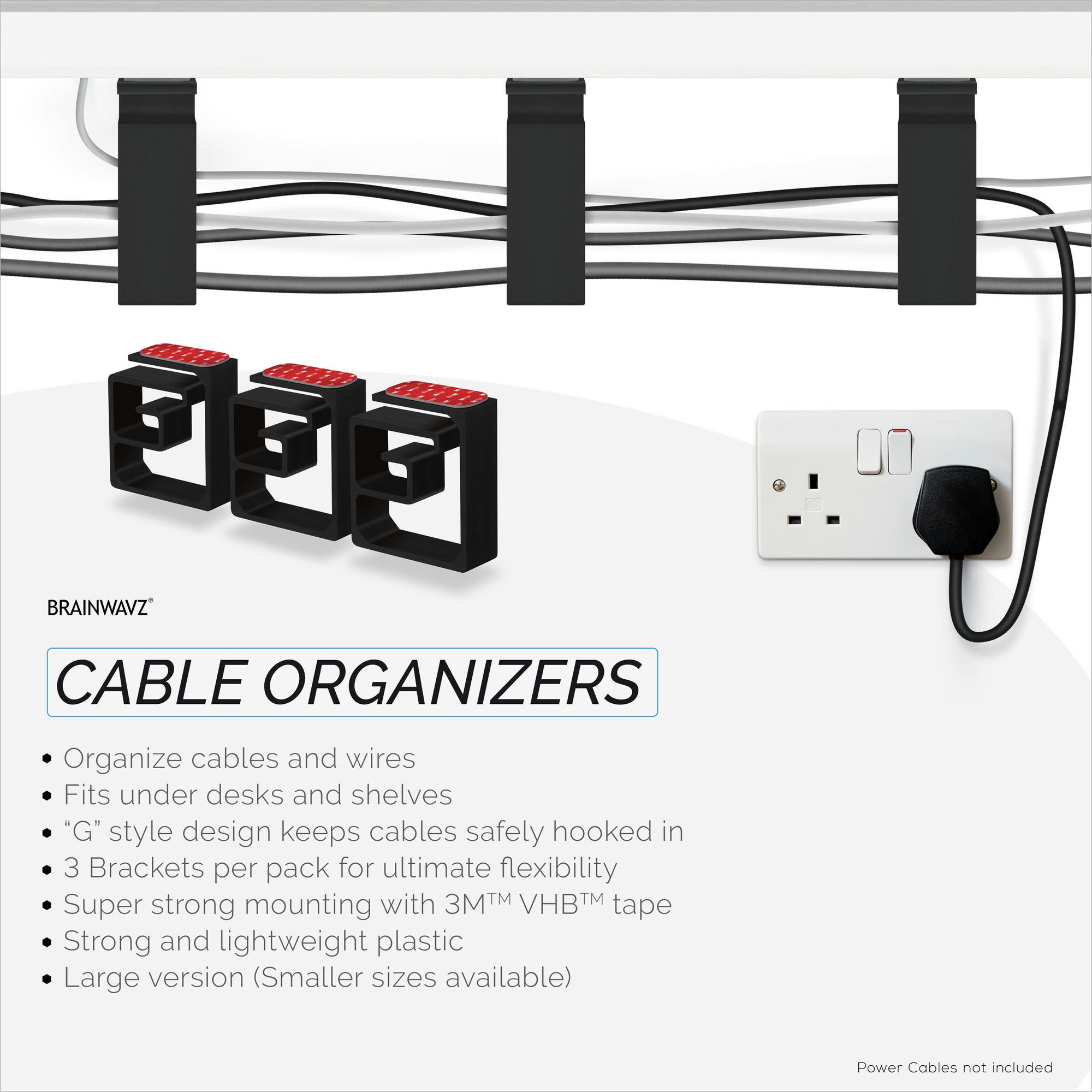 3pc VHB Cable Organizer Holder, For Heavy Cables, PC Cords &amp; Wires with Strong Adhesive, Under Desk Mount Management System - XL