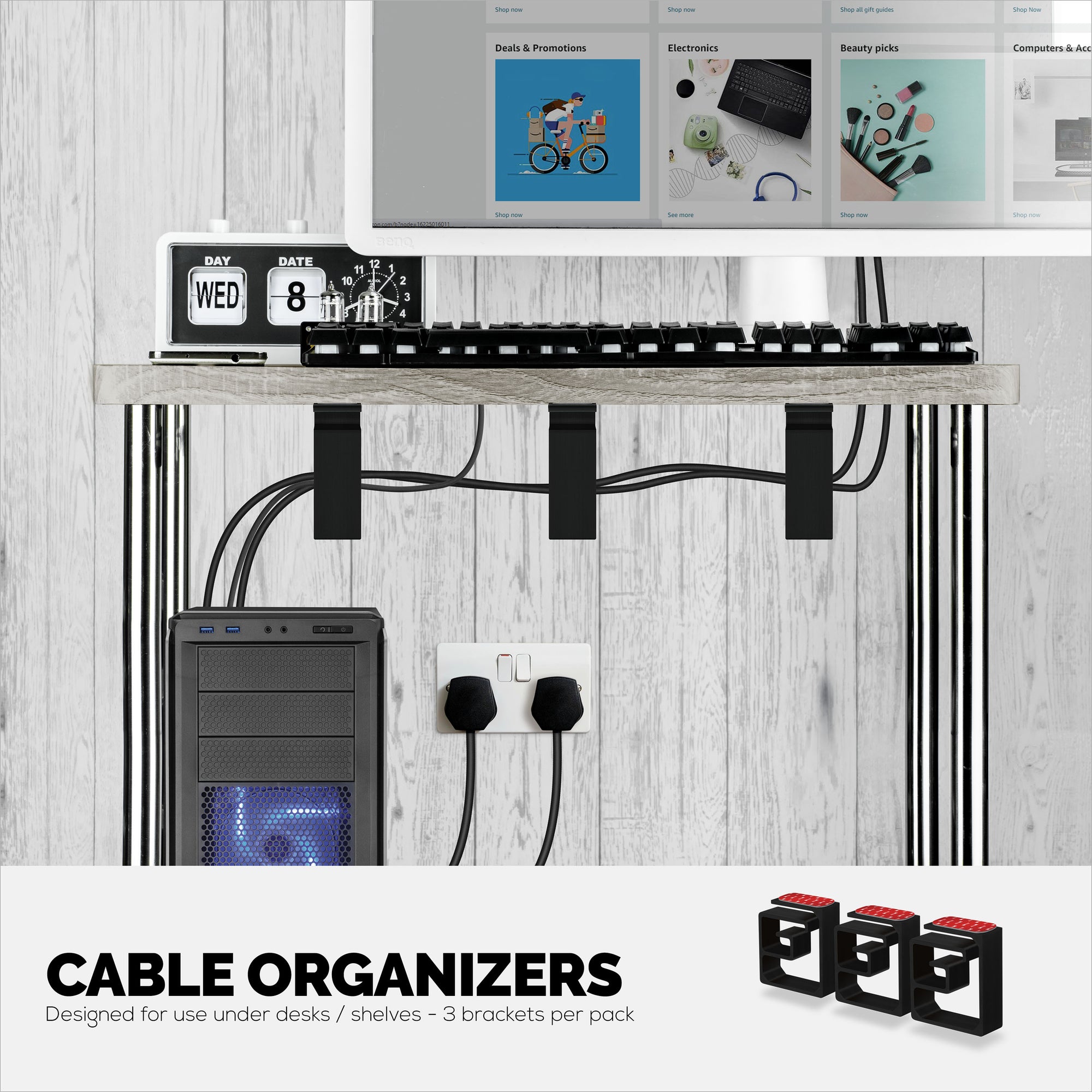3pc VHB Cable Organizer Holder, For Heavy Cables, PC Cords &amp; Wires with Strong Adhesive, Under Desk Mount Management System - XL