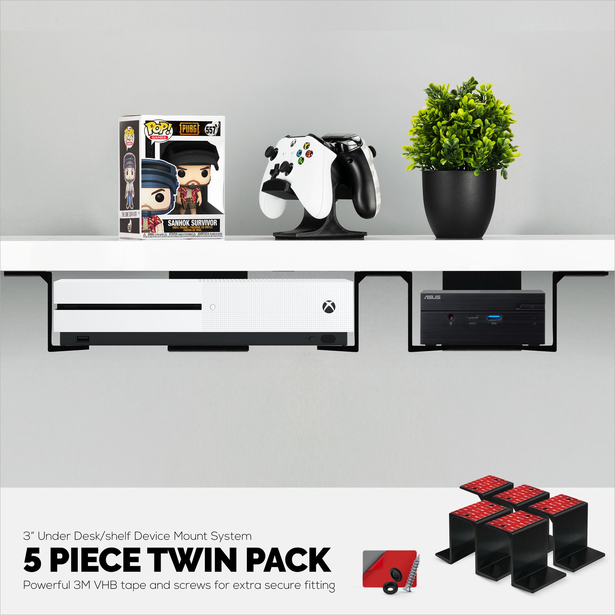 Twin Under Desk Laptop &amp; Device Holder Mount, Adhesive &amp; Screw In, Devices upto 3&quot; Like Small Computers Laptops Macbook Surface Keyboard Routers Modems Cable Box Network Switch &amp; More