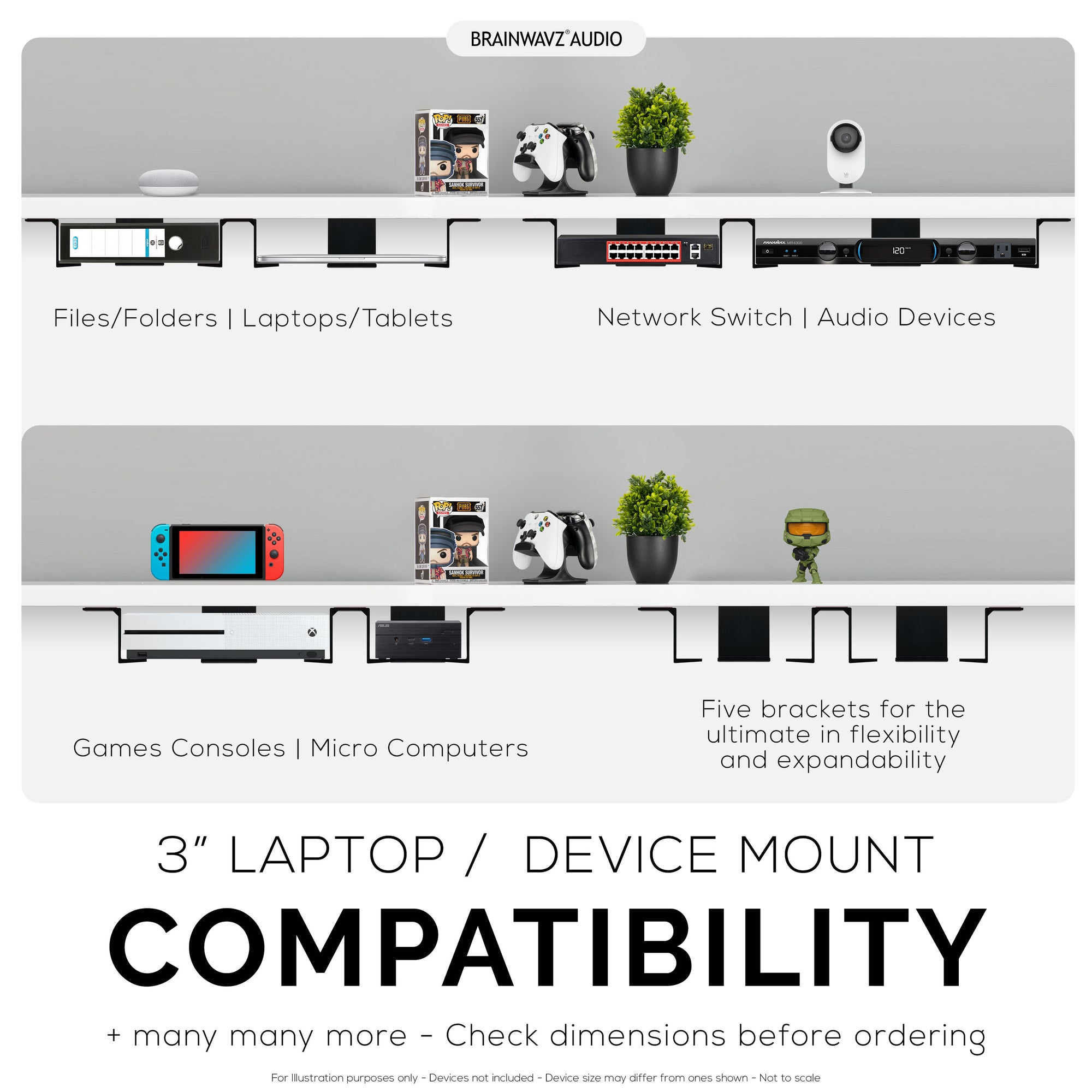 Twin Under Desk Laptop &amp; Device Holder Mount, Adhesive &amp; Screw In, Devices upto 3&quot; Like Small Computers Laptops Macbook Surface Keyboard Routers Modems Cable Box Network Switch &amp; More
