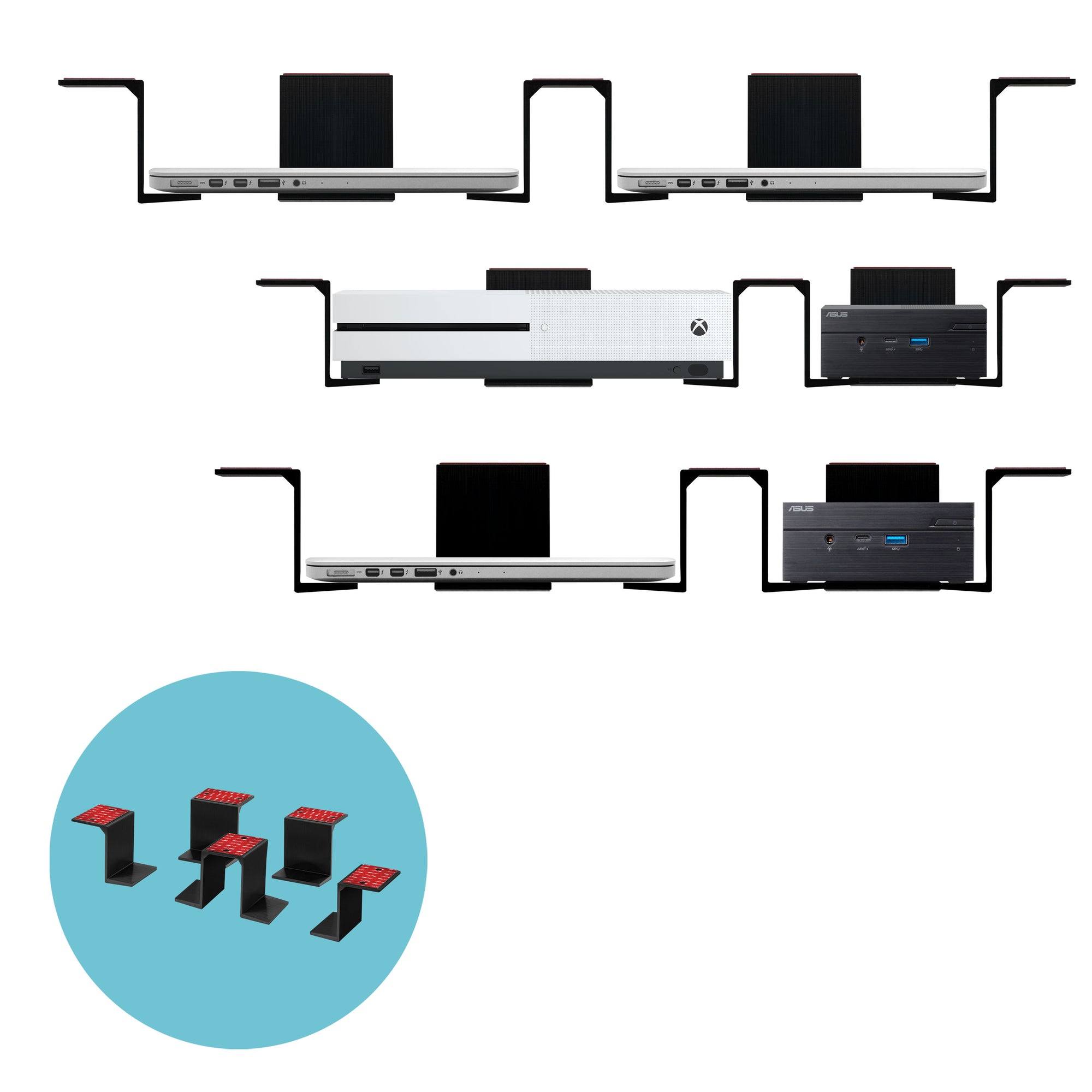 Twin Under Desk Laptop & Device Holder Mount, Adhesive & Screw In, Devices upto 3" Like Small Computers Laptops Macbook Surface Keyboard Routers Modems Cable Box Network Switch & More