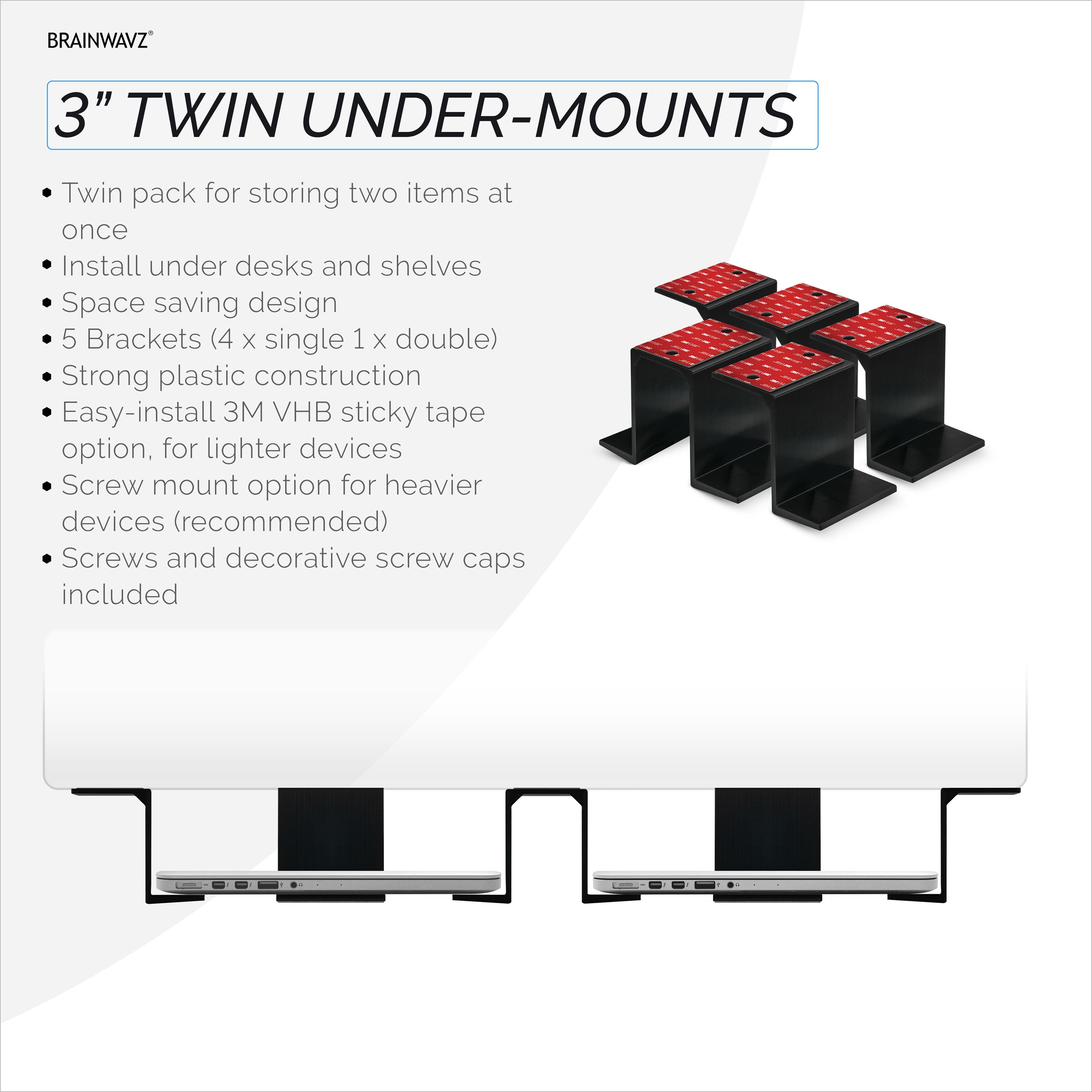 Twin Under Desk Laptop & Device Mount, Adhesive & Screw In, Devices ...