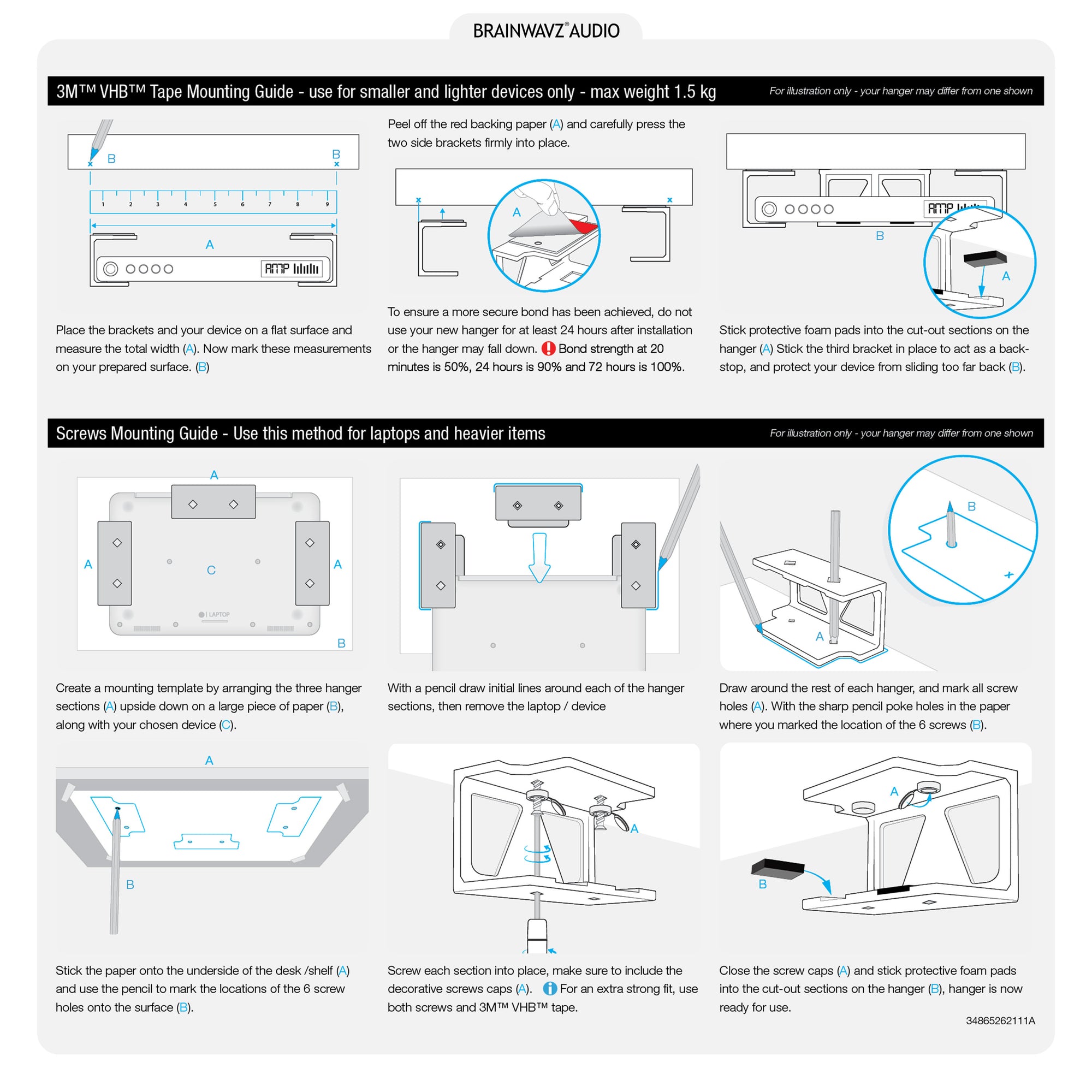 Twin Under Desk Laptop &amp; Device Holder Mount, Adhesive &amp; Screw In, Devices upto 3&quot; Like Small Computers Laptops Macbook Surface Keyboard Routers Modems Cable Box Network Switch &amp; More