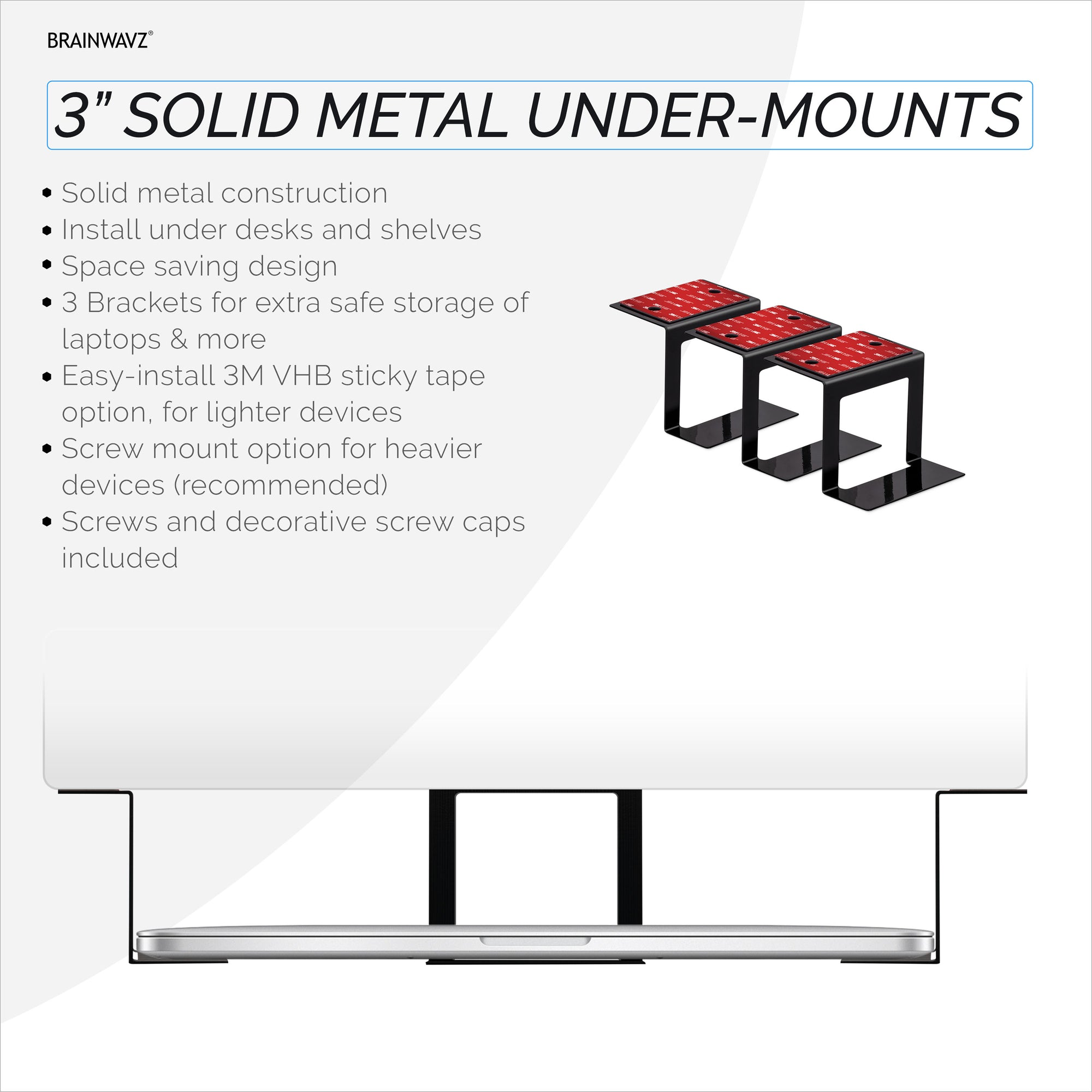 3” Metal Under Desk Laptop, Cable Box &amp; Router Holder Mount, Adhesive &amp; Screw In, Holds upto 3&quot; Devices Like Small Computers, Macbook, Surface, Keyboard, Network Switch, Modems &amp; More