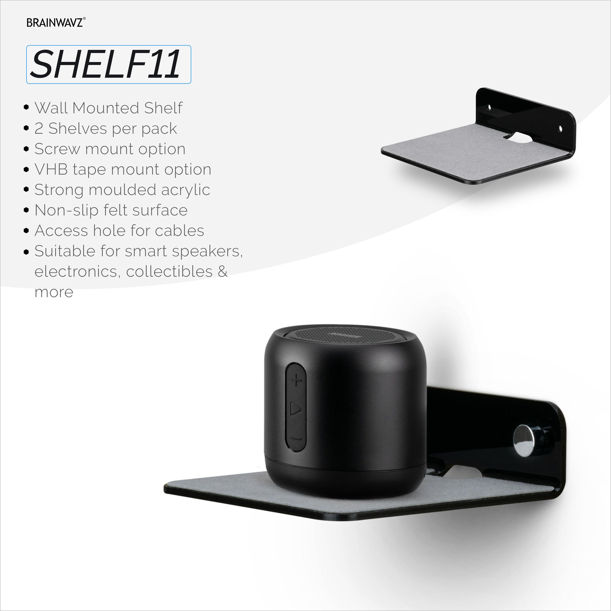 (2 Pack) 4&quot; Small Floating Shelf Bluetooth Speaker Stand, Adhesive &amp; Screw Wall Mount, Anti Slip, for Cameras, Baby Monitors, Webcam, Router &amp; More