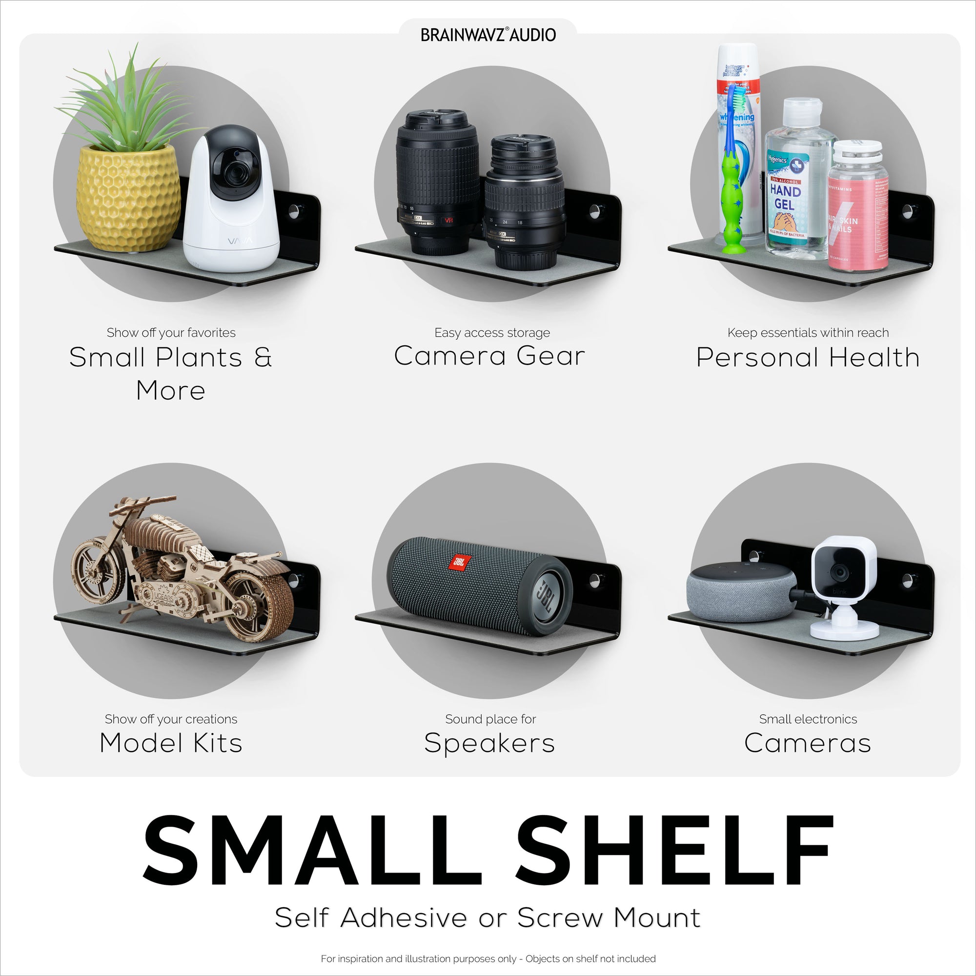 (2 Pack) 9” Floating Shelf Bluetooth Speaker Stand, Adhesive &amp; Screw Wall Mount, Anti Slip, for Cameras, Baby Monitors, Webcam, Router, Wide Universal Holder Shelves by Brainwavz (SHELF23)