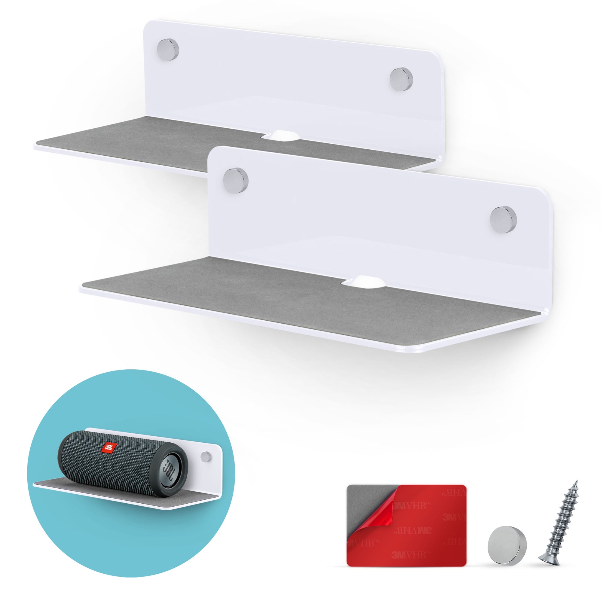 (2 Pack) 9” Floating Shelf Bluetooth Speaker Stand, Adhesive &amp; Screw Wall Mount, Anti Slip, for Cameras, Baby Monitors, Webcam, Router, Wide Universal Holder Shelves by Brainwavz (SHELF23)