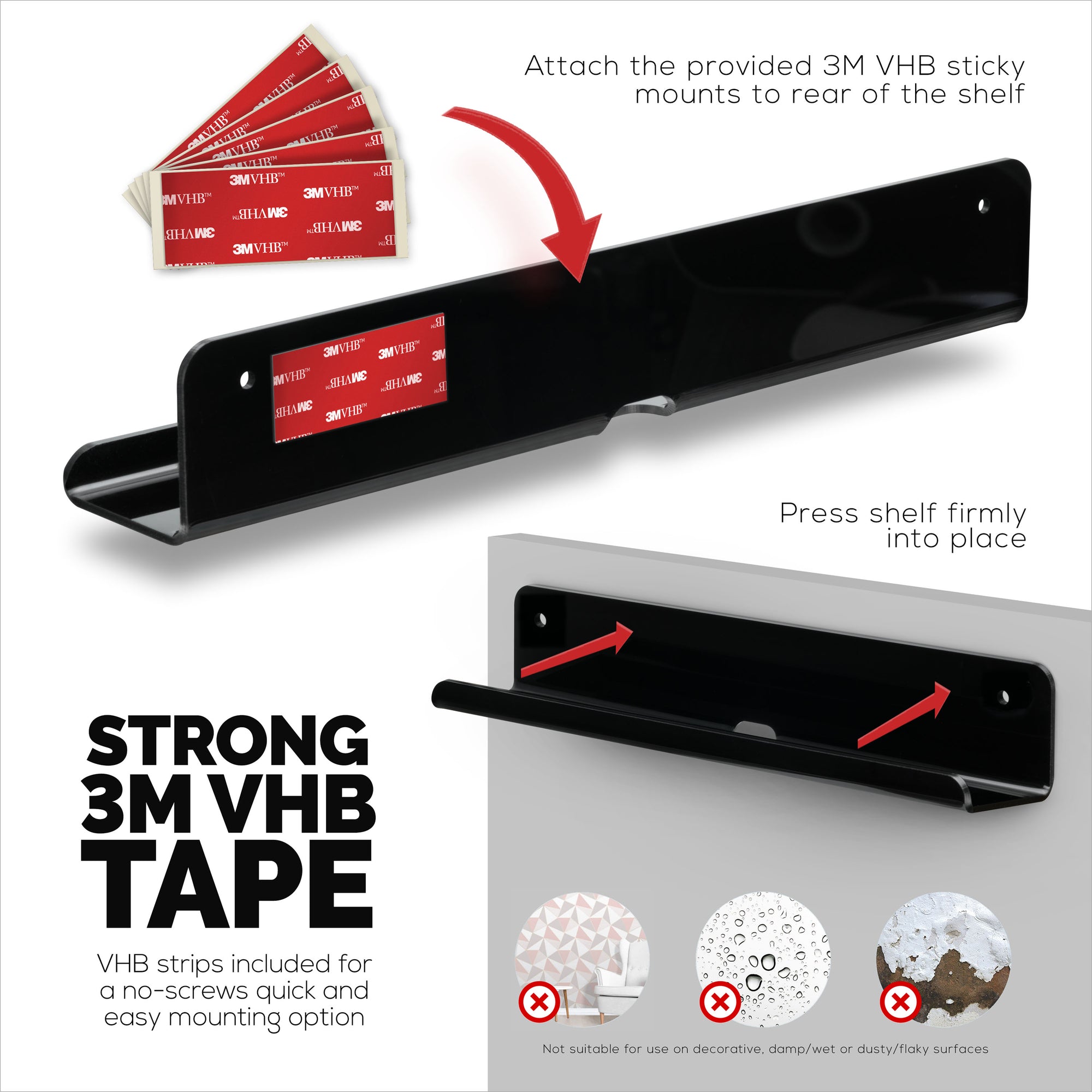 2-Pack 12&quot; Slim Floating Shelf Mount, Adhesive or Screw Mount, for Tablets, Vinyl Records, Picture Frames, Phones, Universal Holder Shelves