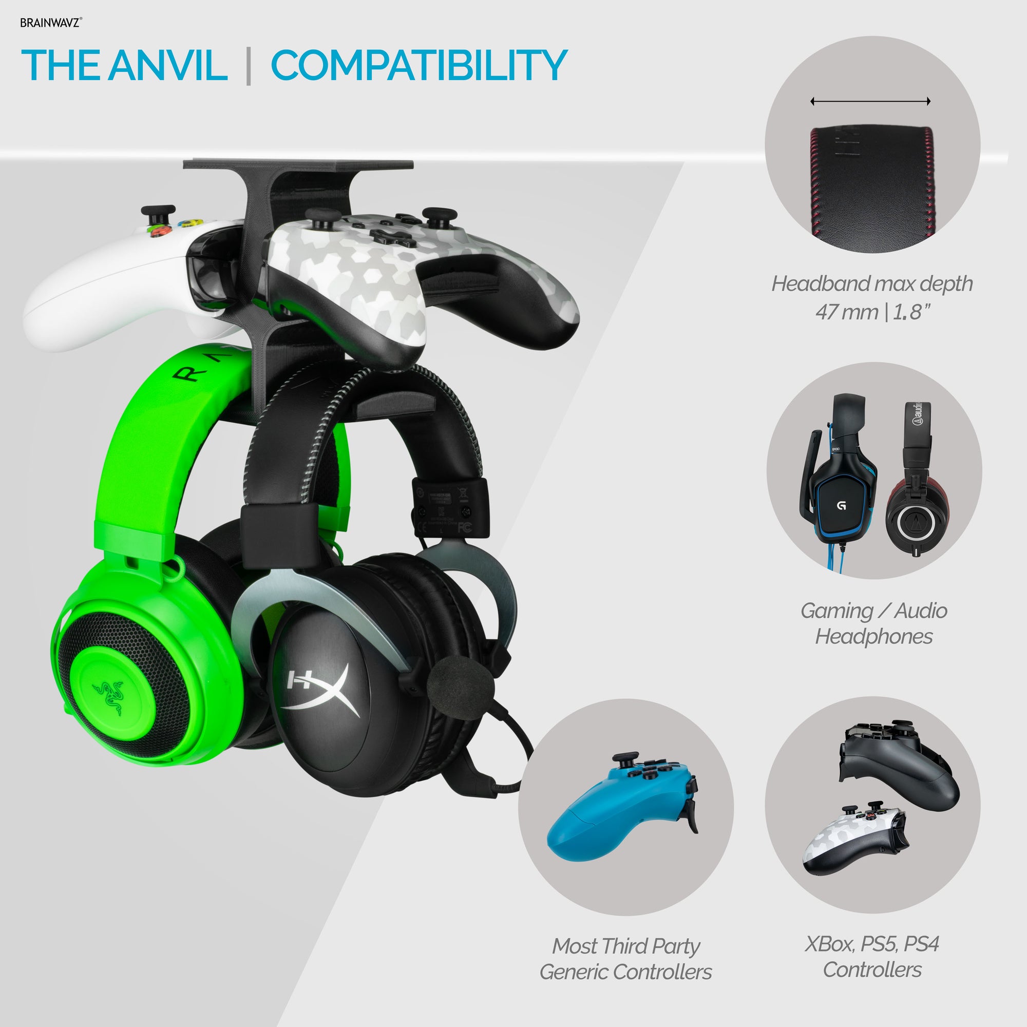 The Anvil - Under Desk Dual Controller &amp; Dual Headphone Hanger - Adhesive Mount, Easy to Install, No Screws