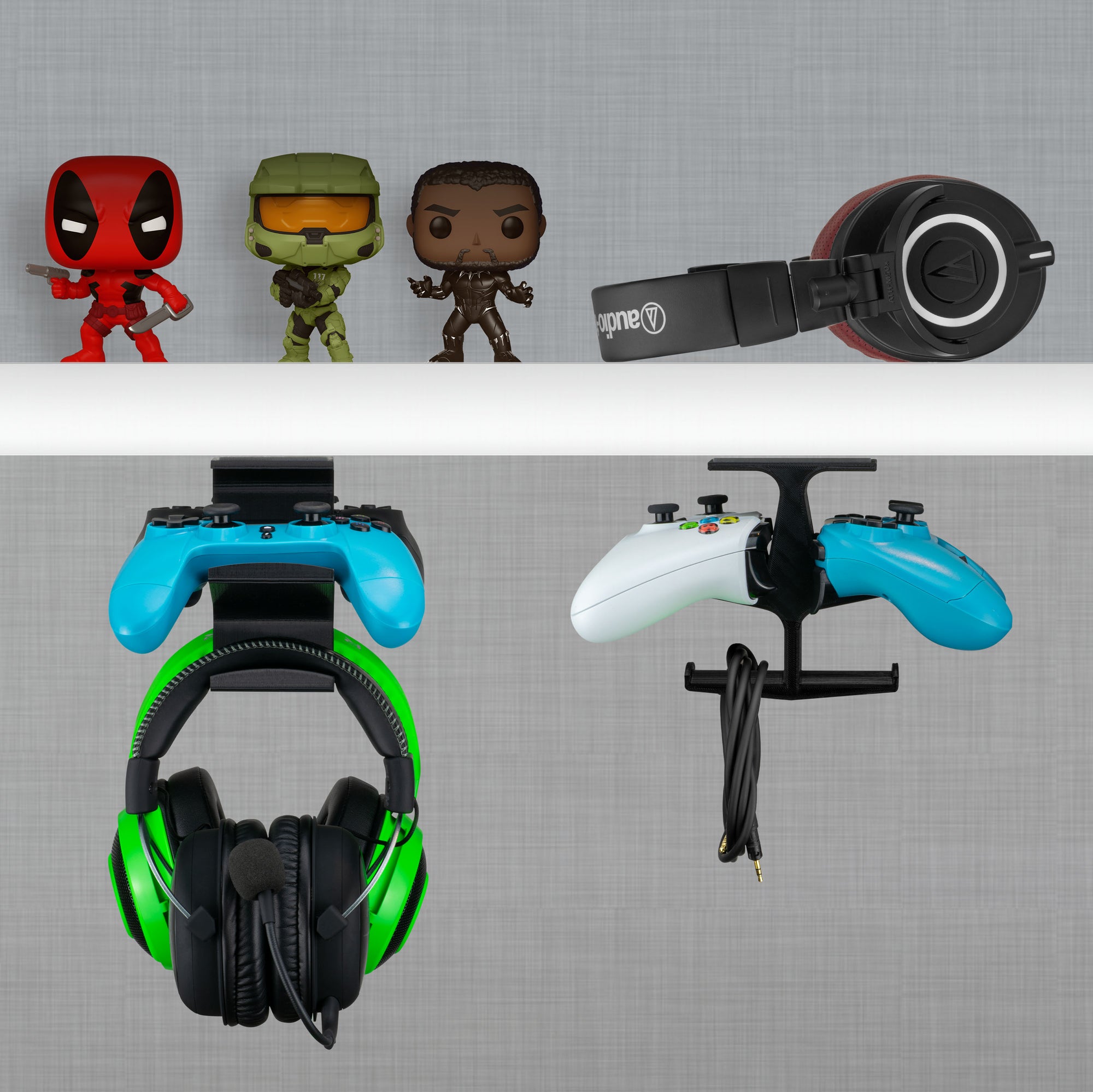 The Anvil - Under Desk Dual Controller &amp; Dual Headphone Hanger - Adhesive Mount, Easy to Install, No Screws