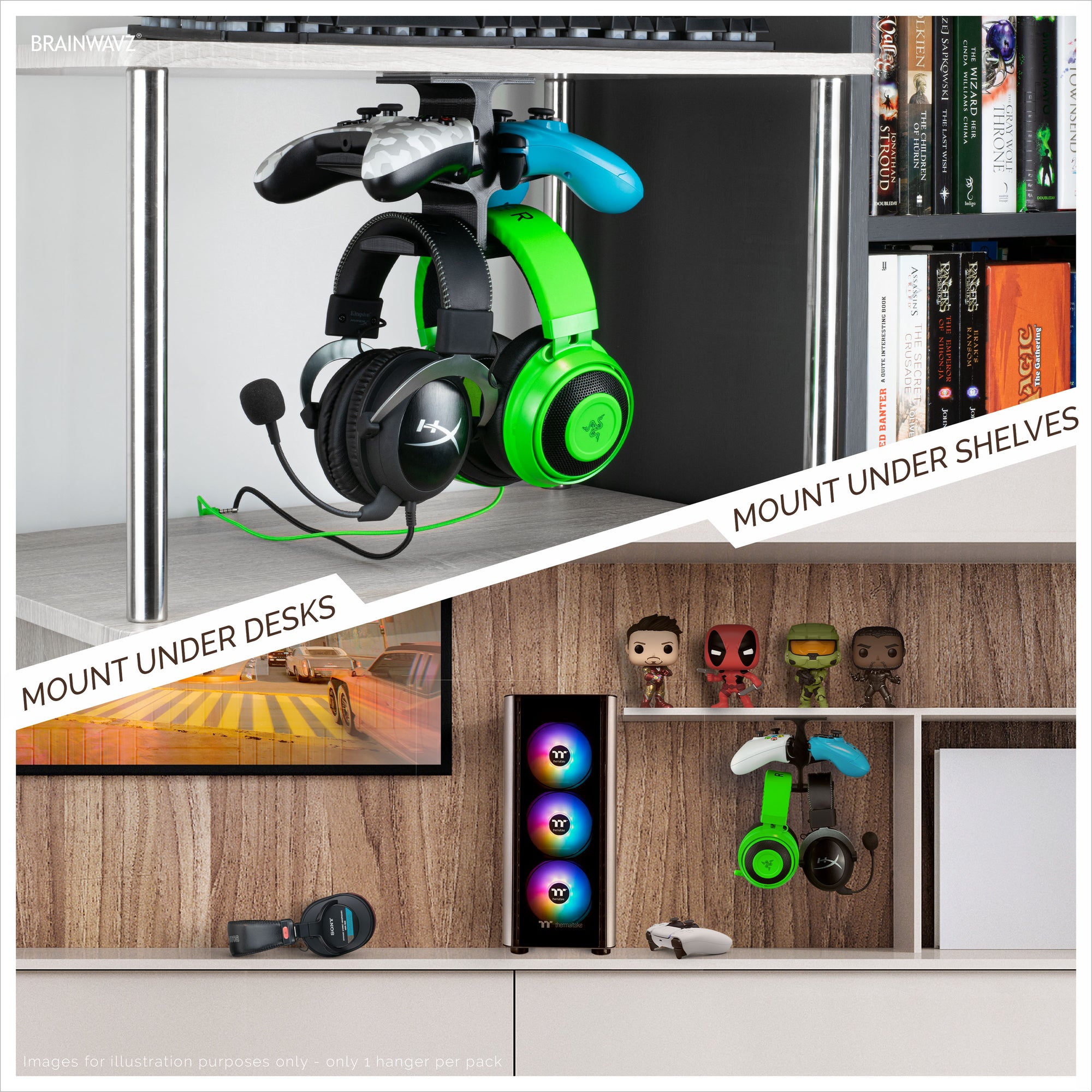 The Anvil - Under Desk Dual Controller &amp; Dual Headphone Hanger - Adhesive Mount, Easy to Install, No Screws