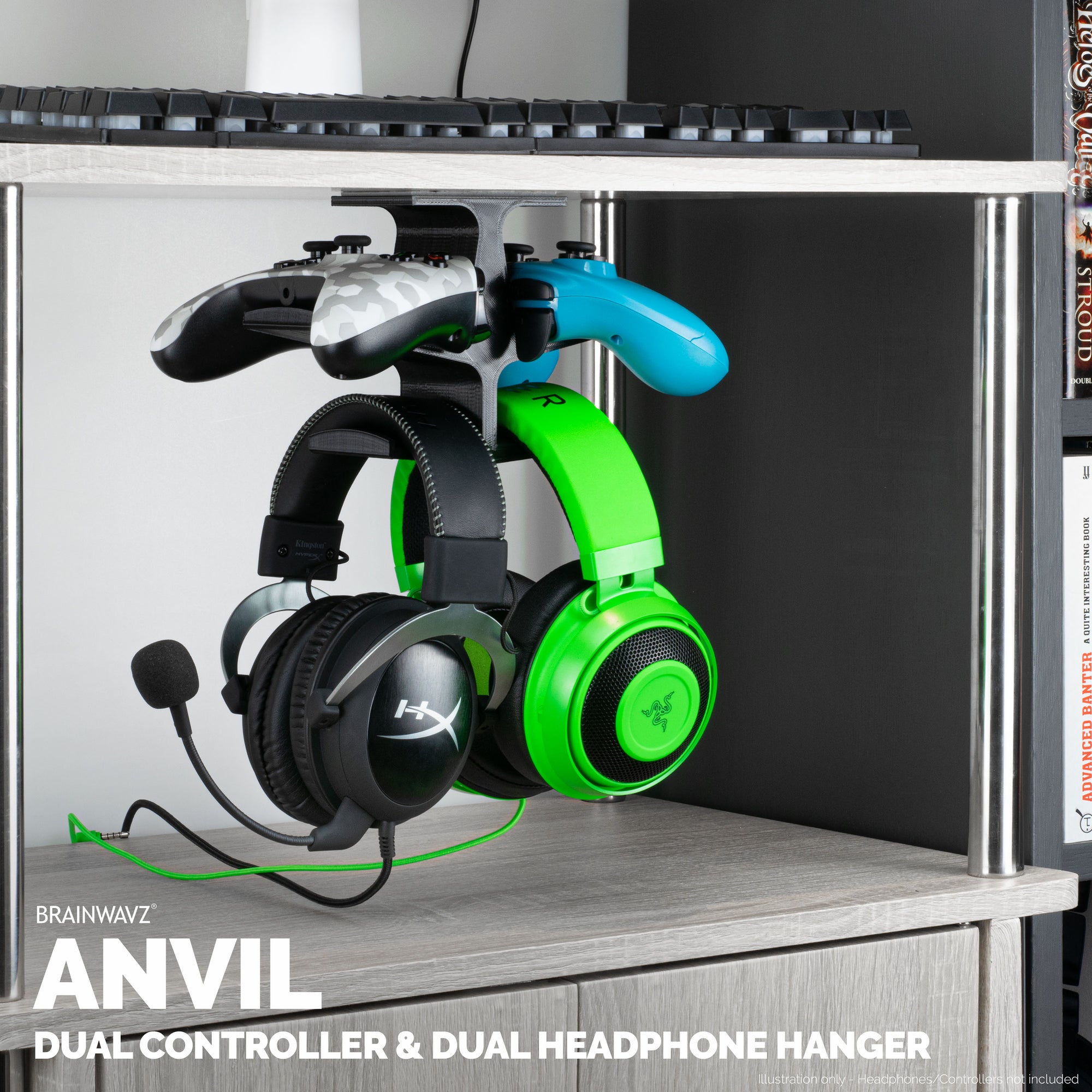 The Anvil - Under Desk Dual Controller &amp; Dual Headphone Hanger - Adhesive Mount, Easy to Install, No Screws