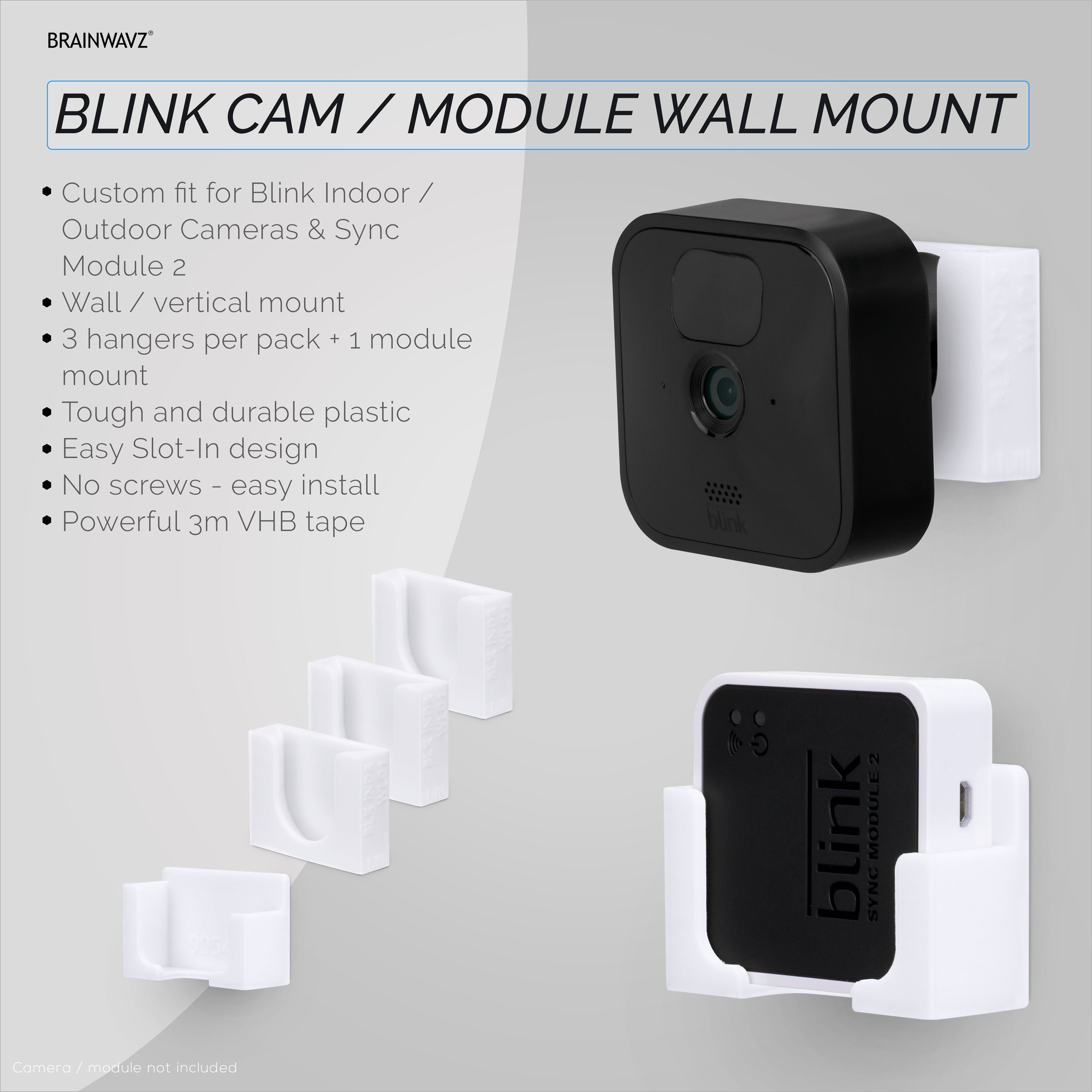 Brainwavz Adhesive Blink Outdoor & Indoor Wall Mount, 3+1 Pack with Sync Module Camera Holder, No Hassle Installation, No Screws