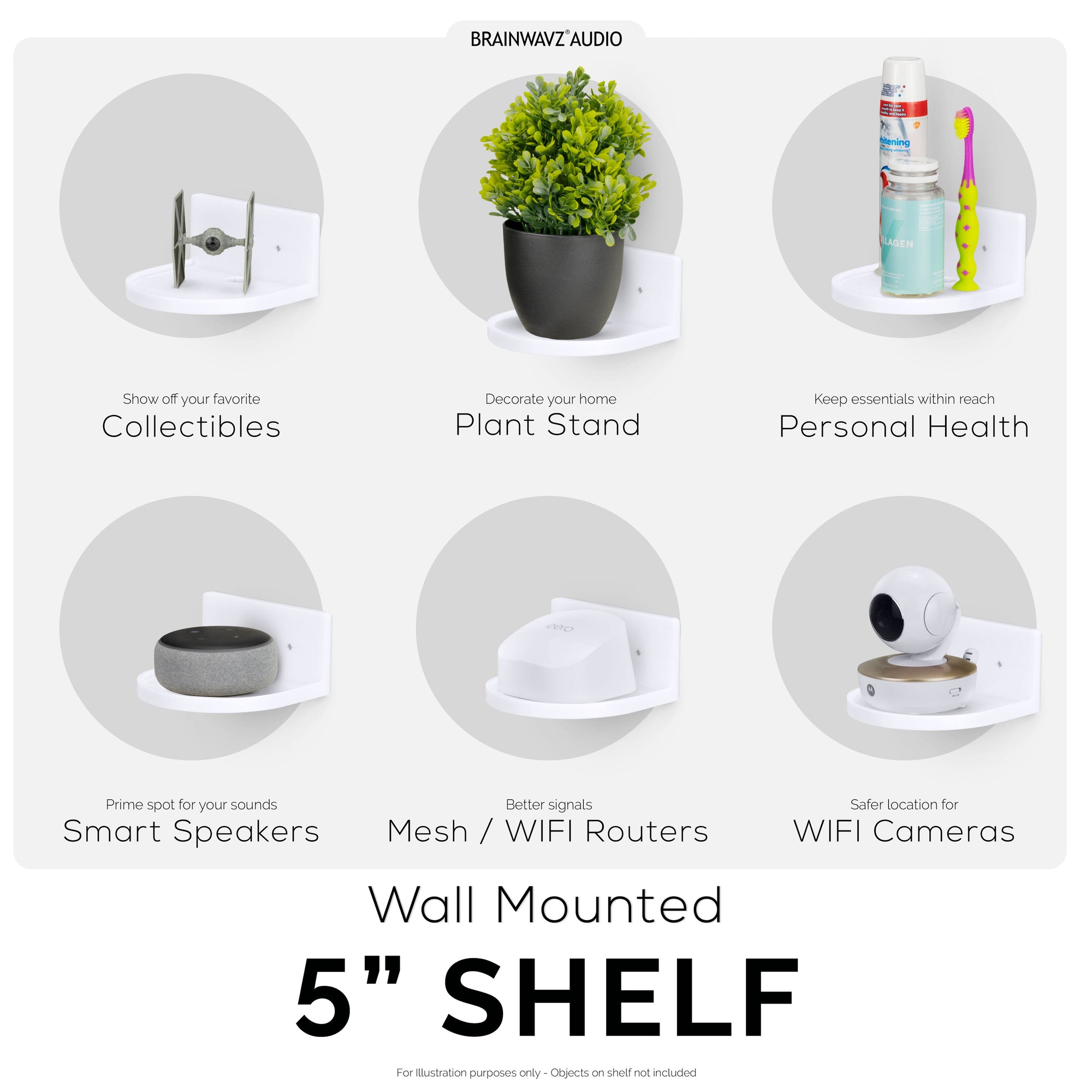 5” Small Floating Shelf, Adhesive &amp; Screw In, For Bluetooth Speakers, Cameras, Plants, Books, Toys &amp; More, Universal Shelves, Easy to Install (SHELF CF2105 White)