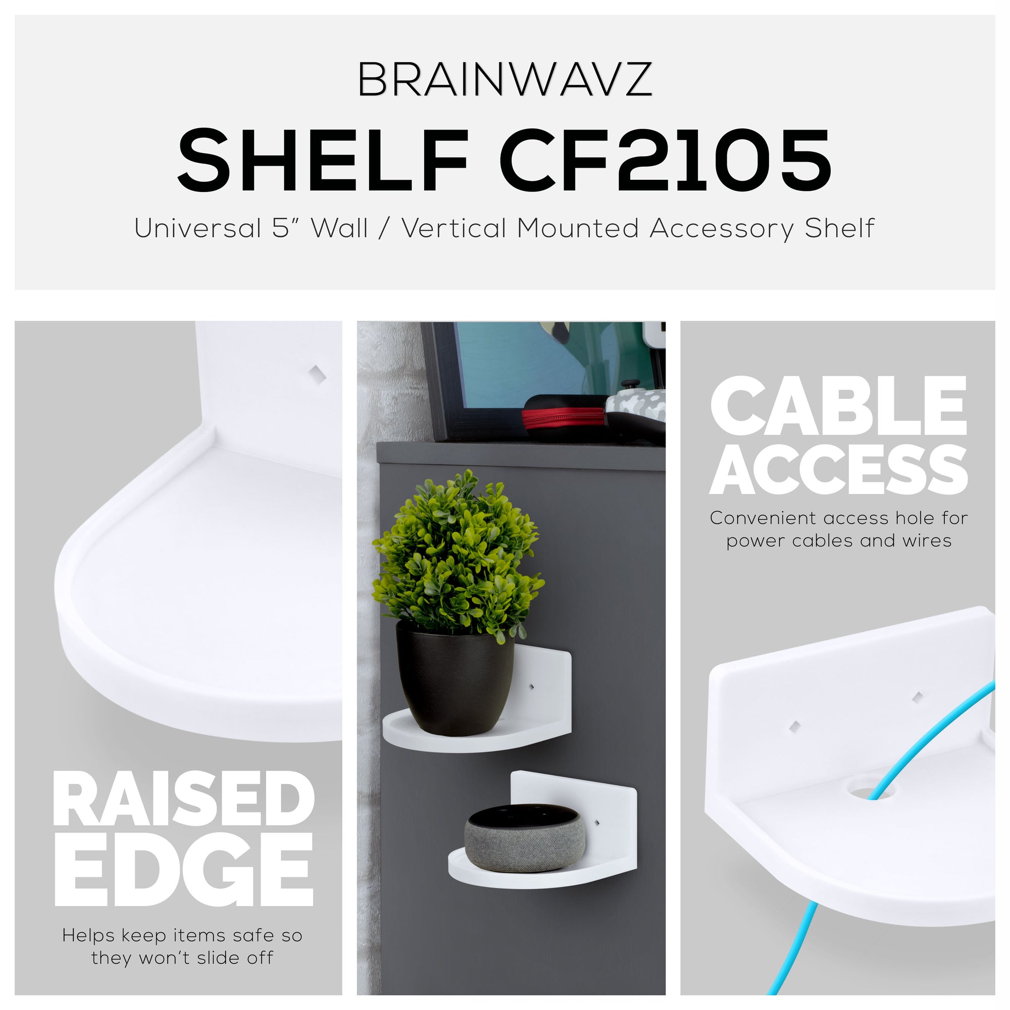 5” Small Floating Shelf, Adhesive &amp; Screw In, For Bluetooth Speakers, Cameras, Plants, Books, Toys &amp; More, Universal Shelves, Easy to Install (SHELF CF2105 White)