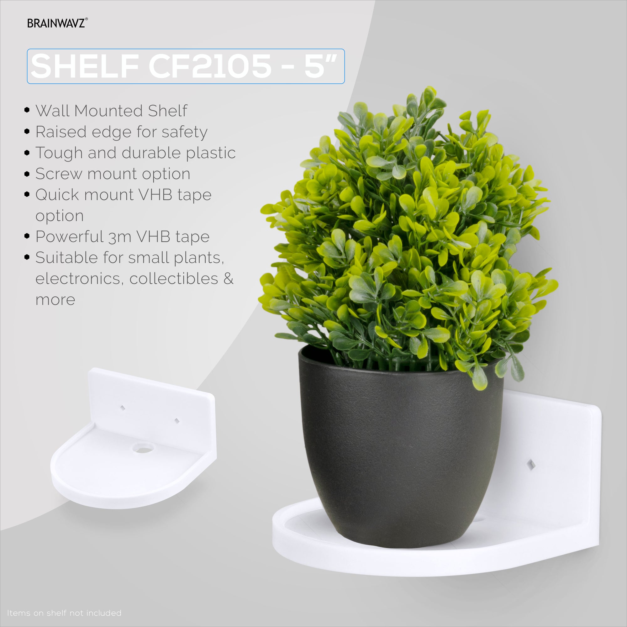 5” Small Floating Shelf, Adhesive &amp; Screw In, For Bluetooth Speakers, Cameras, Plants, Books, Toys &amp; More, Universal Shelves, Easy to Install (SHELF CF2105 White)