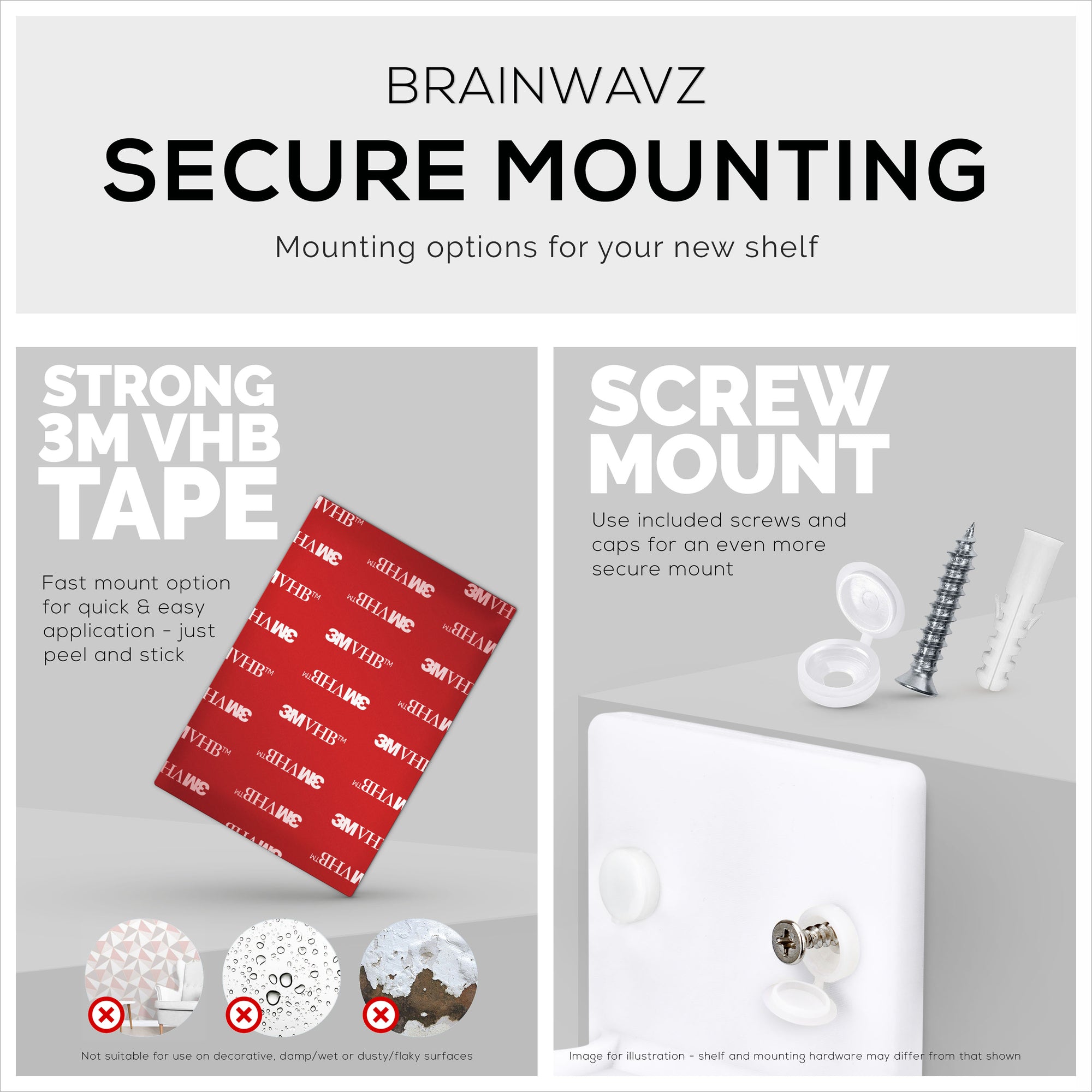6.5” Small Floating Shelf, Adhesive & Screw In, for Bluetooth Speakers,  Cameras, Plants, Toys & More, Universal Holder, Easy to Install - Brainwavz  Audio