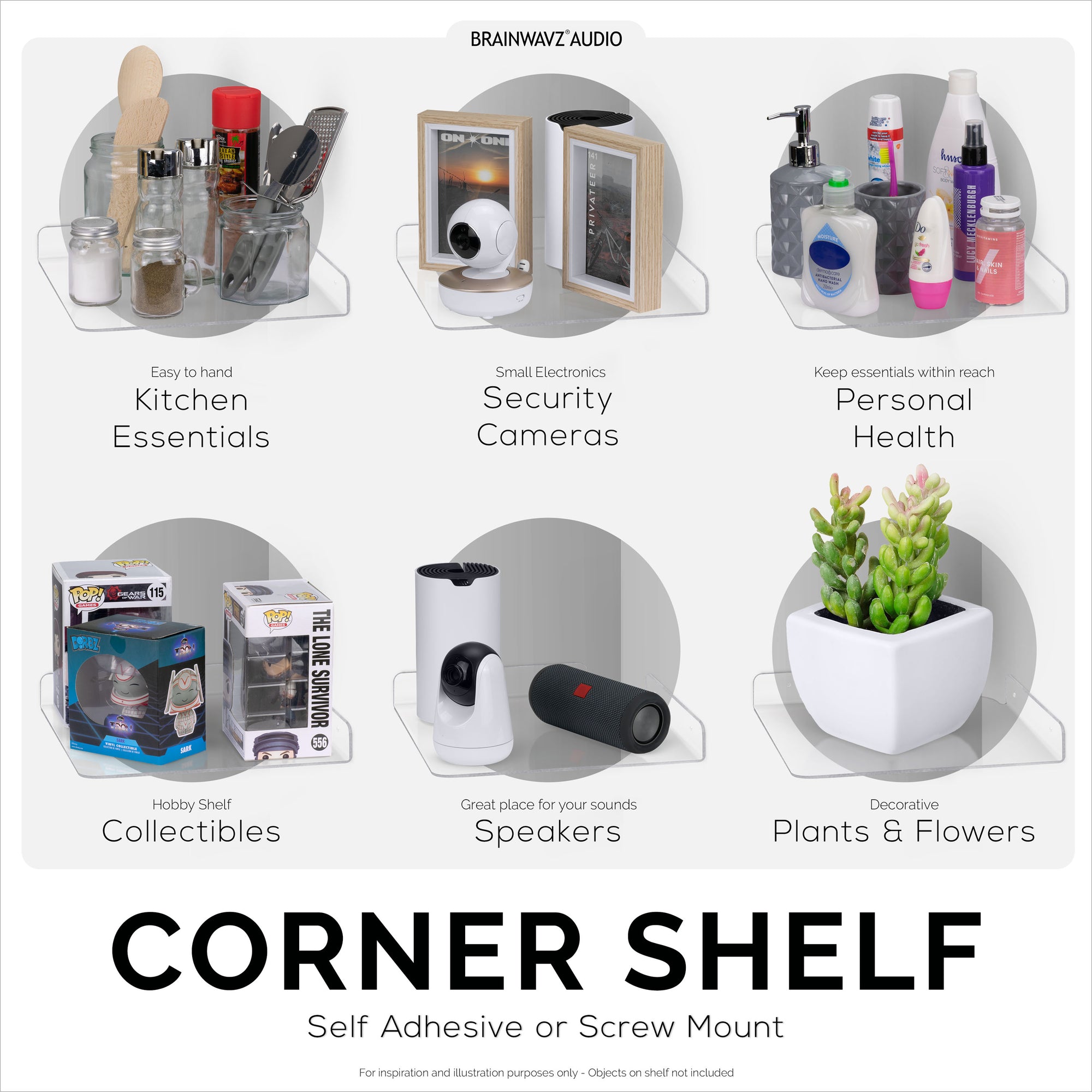 2-Pack 10” Corner Floating Shelf for Speakers, Books, Decor, Plants, Cameras, Photos, Kitchen, Bathroom, Routers &amp; More Universal Small Holder Acrylic Wall Shelves