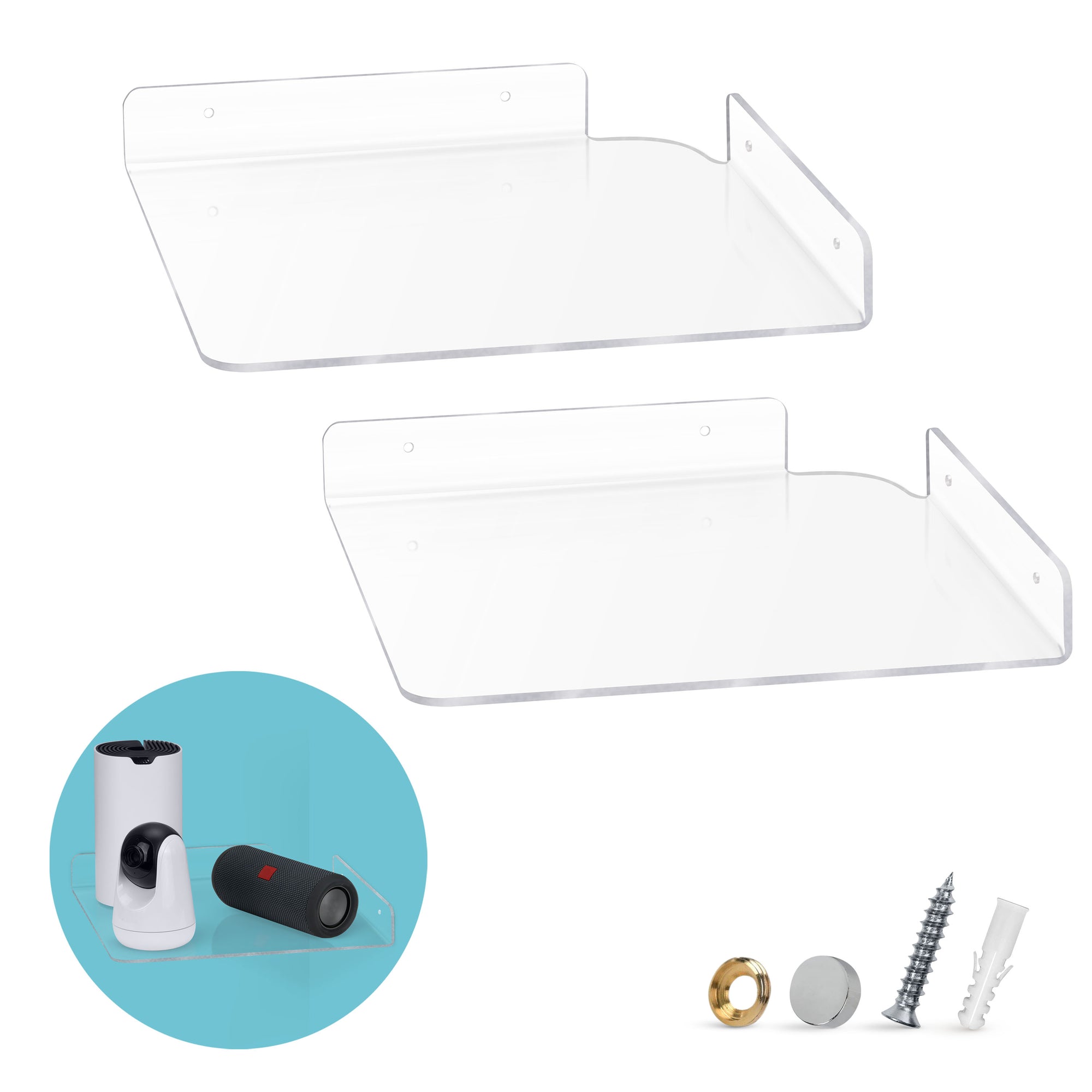 2-Pack 10” Corner Floating Shelf for Speakers, Books, Decor, Plants, Cameras, Photos, Kitchen, Bathroom, Routers &amp; More Universal Small Holder Acrylic Wall Shelves