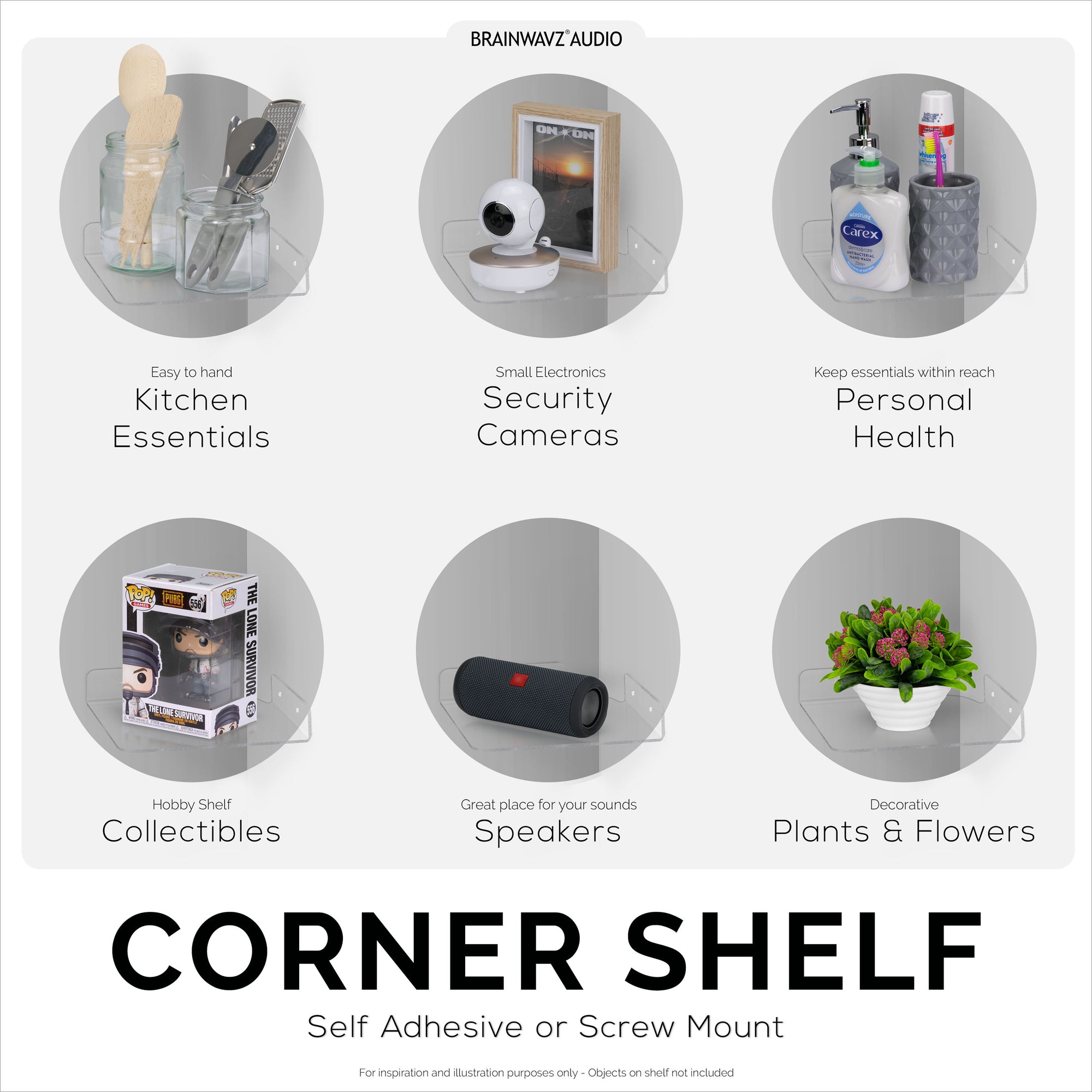 2-Pack 8” Corner Floating Shelf for Speakers, Books, Decor, Plants, Cameras, Photos, Kitchen, Bathroom, Routers &amp; More Universal Small Holder Acrylic Wall Shelves