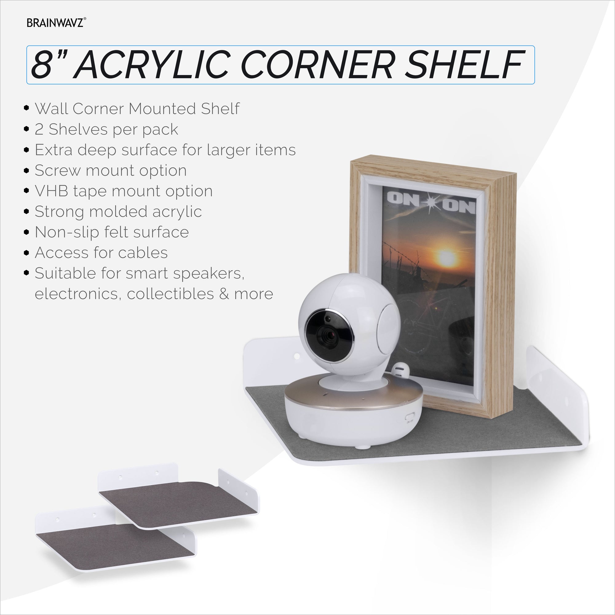 2-Pack 8” Corner Floating Shelf for Speakers, Books, Decor, Plants, Cameras, Photos, Kitchen, Bathroom, Routers &amp; More Universal Small Holder Acrylic Wall Shelves