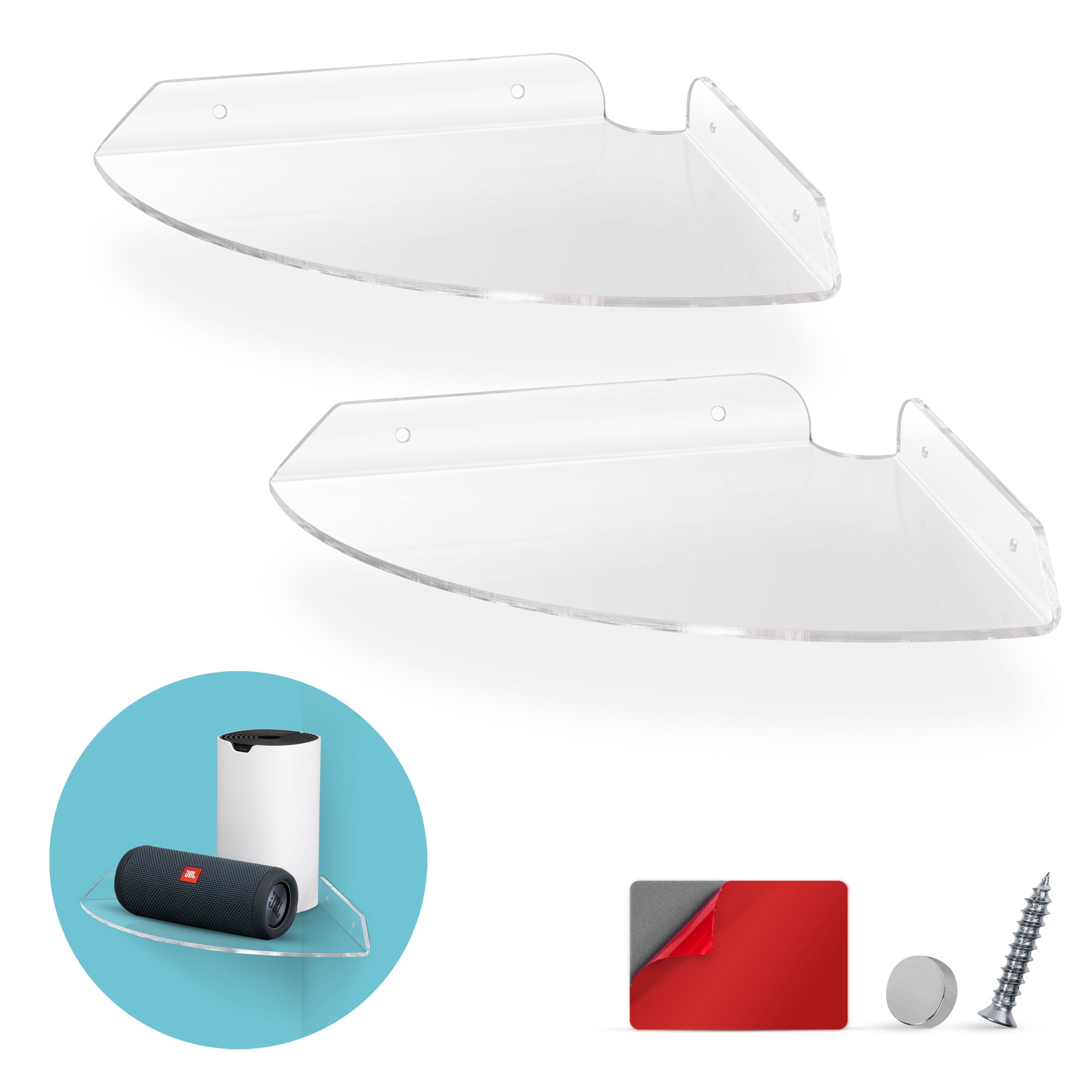 2-Pack 8.5” Small Corner Shelf Wall Mount for Baby Monitors, Cameras, Speakers, Sonos, Decor, Plants, Photos, Kitchen, Bathroom, Routers, Cable Box &amp; More Universal Holder Acrylic Floating Shelves