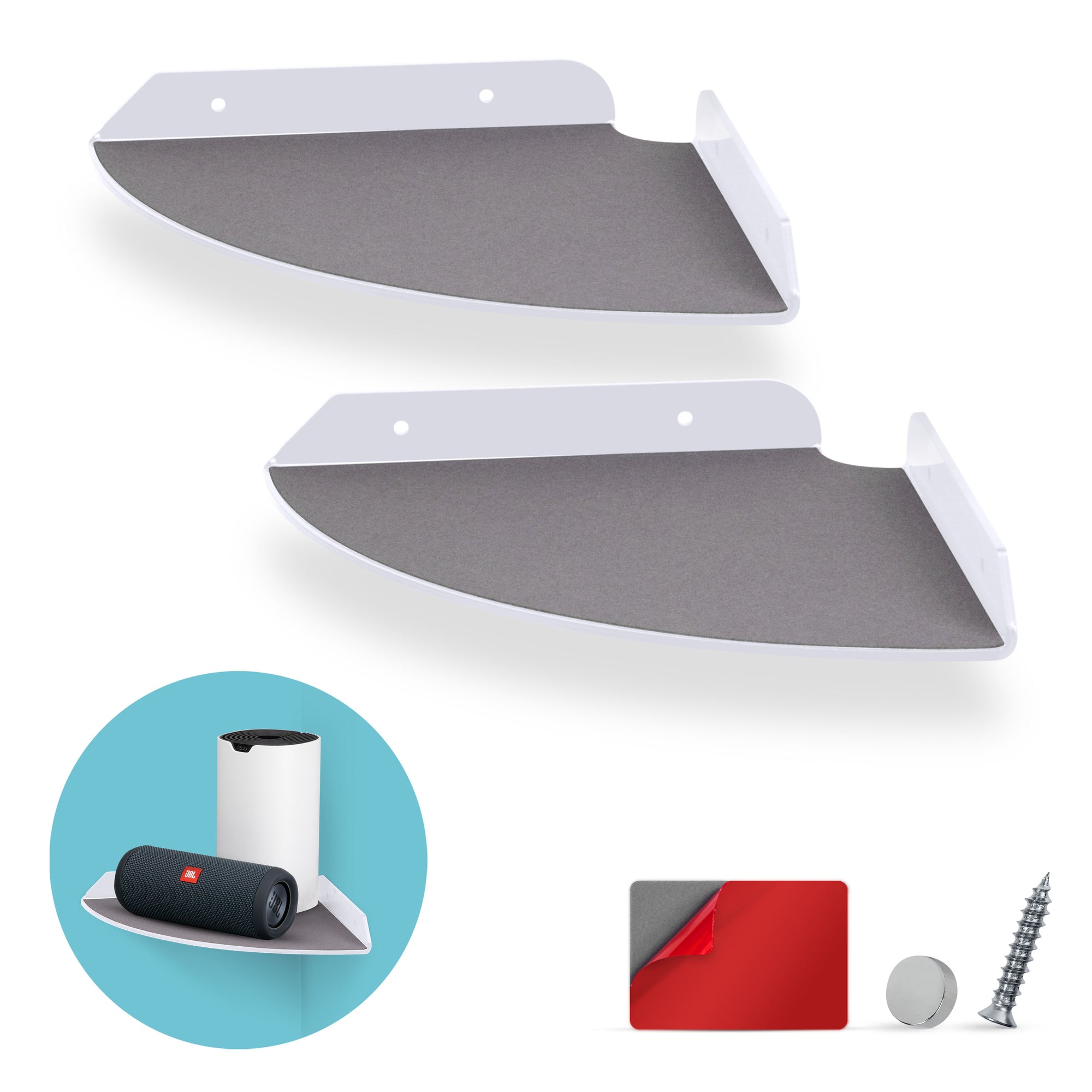 2-Pack 8.5” Small Corner Shelf Wall Mount for Baby Monitors, Cameras, Speakers, Sonos, Decor, Plants, Photos, Kitchen, Bathroom, Routers, Cable Box &amp; More Universal Holder Acrylic Floating Shelves